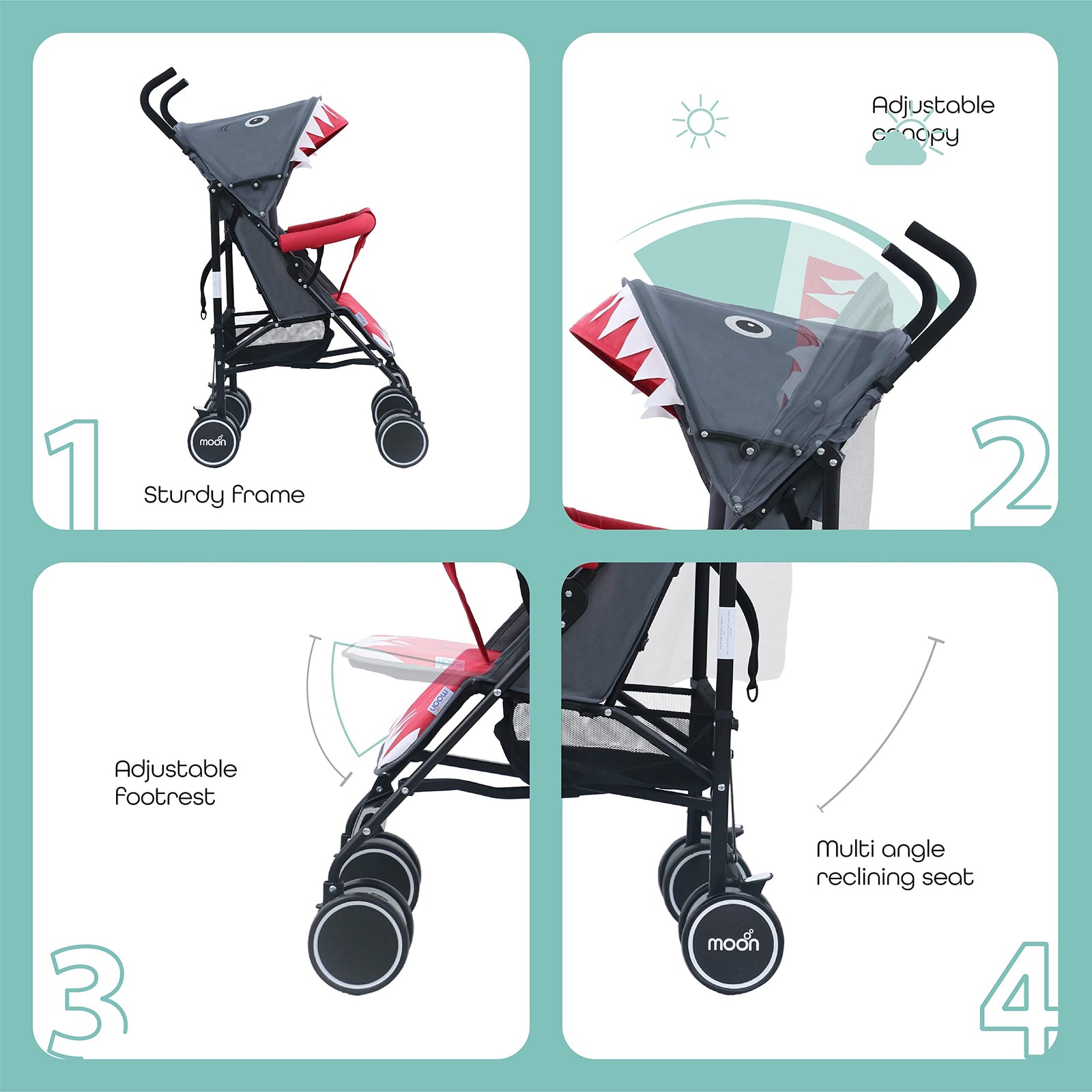 MOON Safari Baby Stroller – Animal-Themed Umbrella-Stroller with Hood – Compact Lightest-Stroller for Travel – Reclining, Storage Basket, Shoulder Strap – 0m+ (Up to 18 kg) – Shark