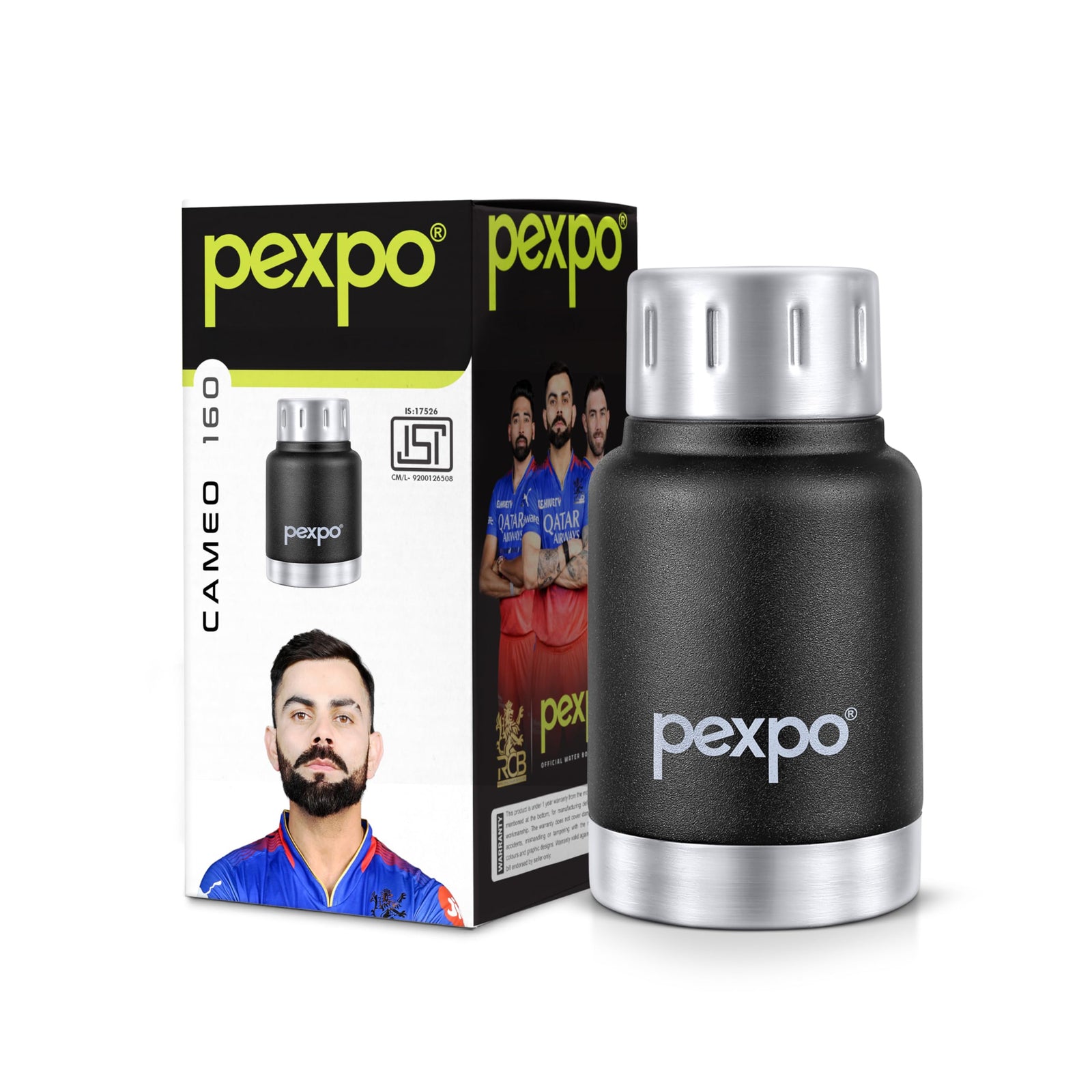 Pexpo Cameo Pro Vacuum Insulated 160ml Stainless Steel Water Bottle - Black Knight| Hot & Cold Upto 4-5 Hours | Leak Proof | Office, School, Gym & Travelling|Men, Women & Kids| Limited RCB Edition