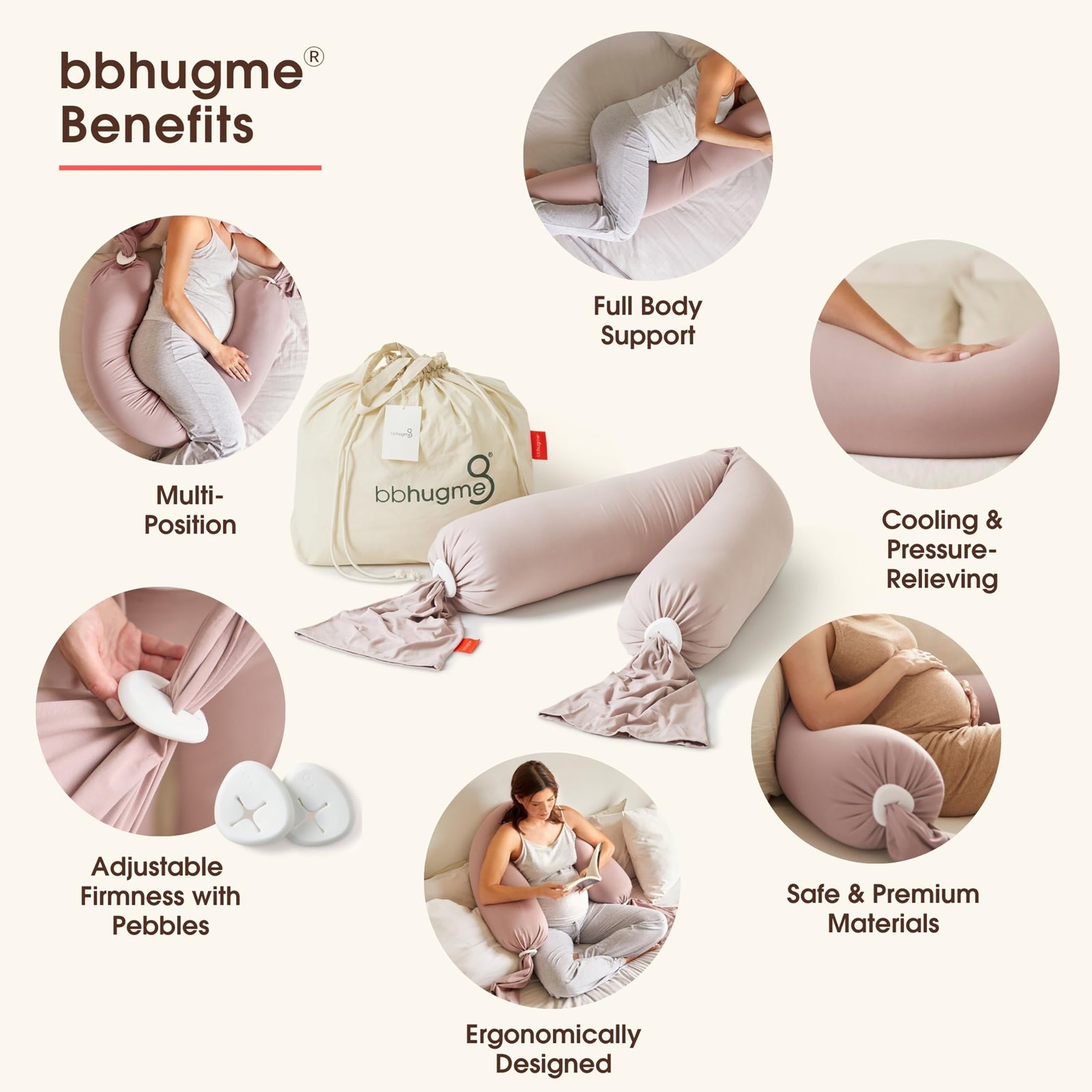 BBHugme Pregnancy Pillow - Long Body Pillow with Cooling Technology - Ideal Pregnancy & Nursing Pillow - Comfortable Body Support and Temperature Regulation- Versatile Multi-Use Maternity Pillow