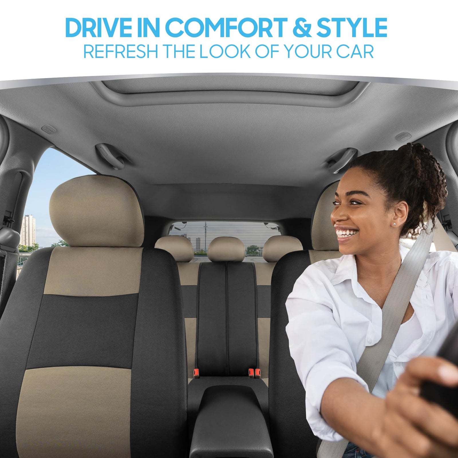 BDK PolyPro Seat Covers Full Set in Beige on Black – Front and Rear Split Bench Seat Covers for Cars, Easy to Install, Car Accessories for Auto Trucks Van SUV