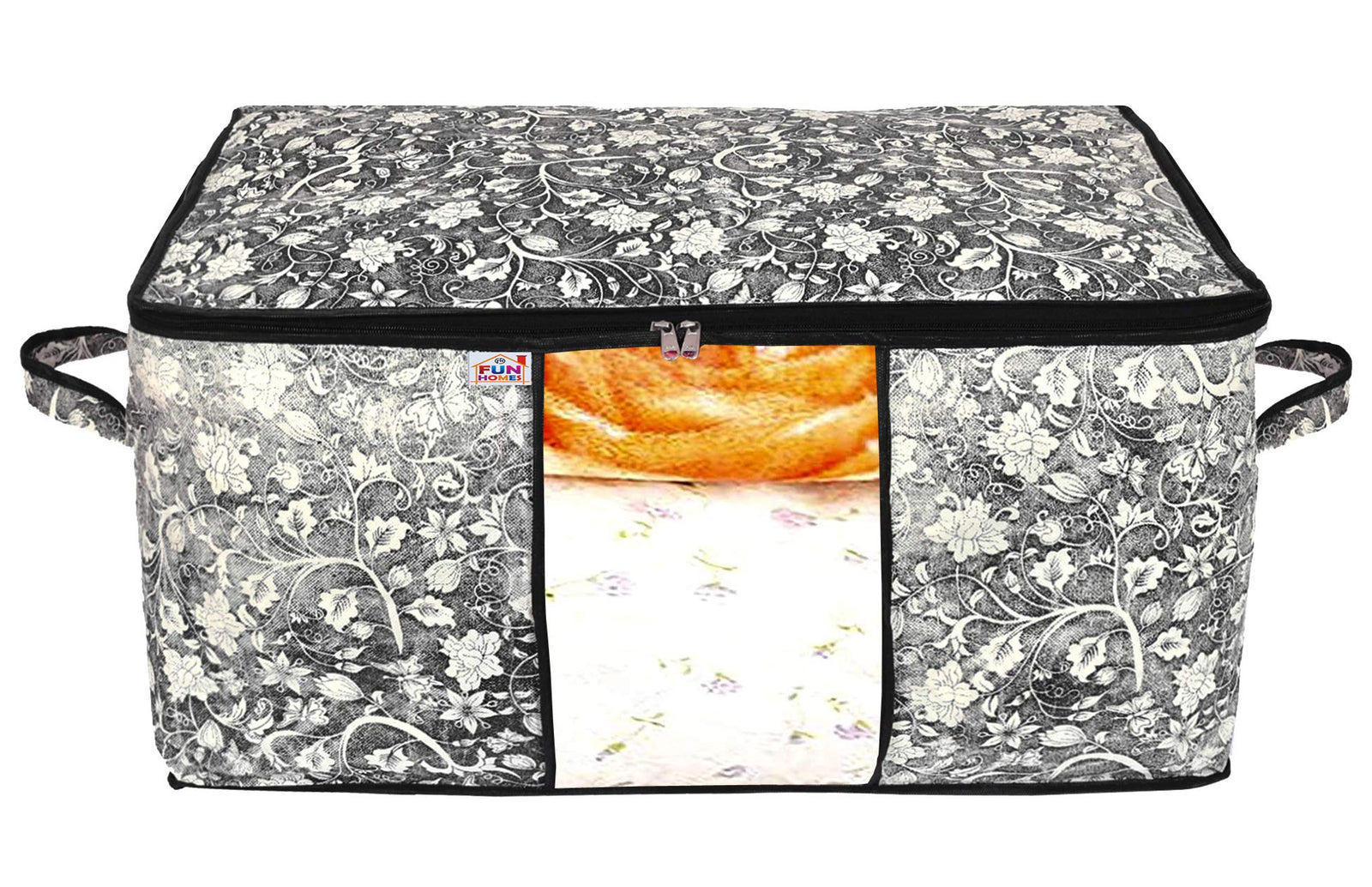 Fun Homes Metalic Leafy,Flower Print Non Woven 2 Pieces Underbed Storage Bag,Cloth Organiser,Blanket Cover with Transparent Window (Pink & Black)-FUHHNH16633
