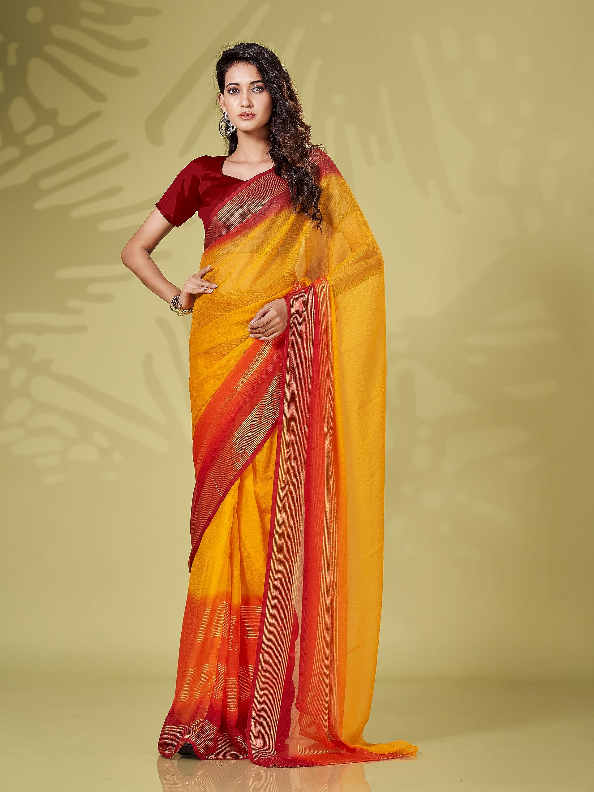 Womanista Women's Solid Poly Chiffon Ready to Wear Saree (TI4058_Yellow & Red)