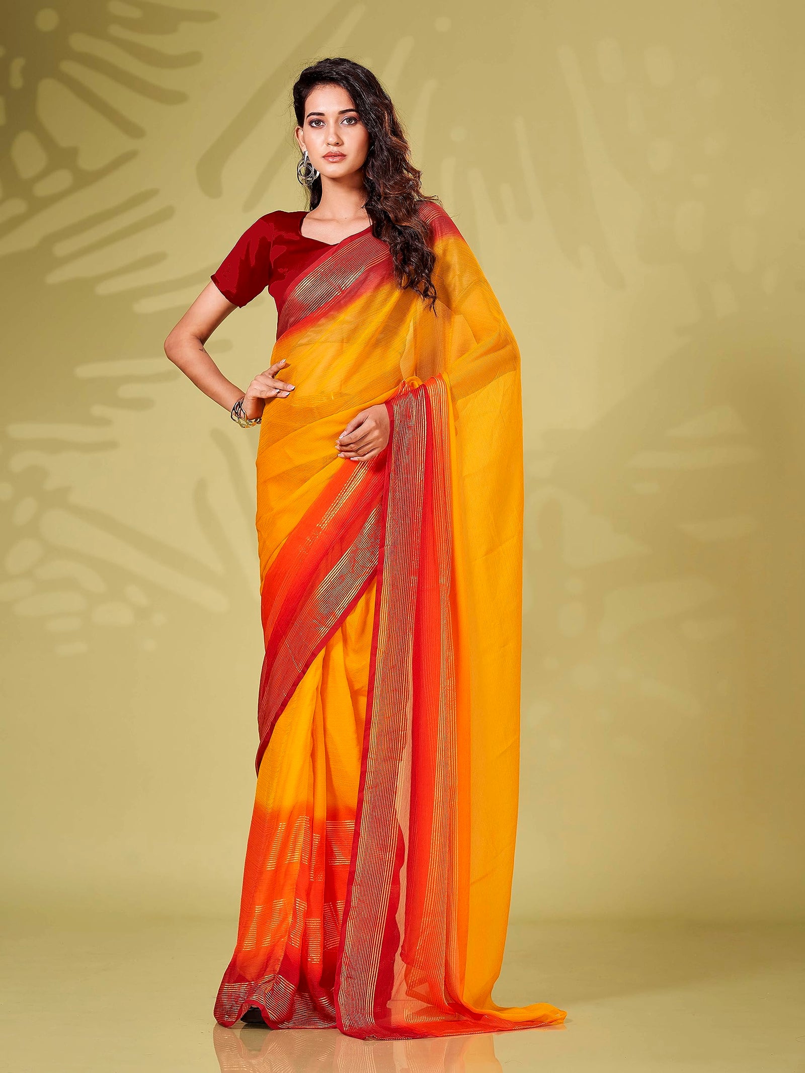 Womanista Women's Solid Poly Chiffon Ready to Wear Saree (TI4058_Yellow & Red)