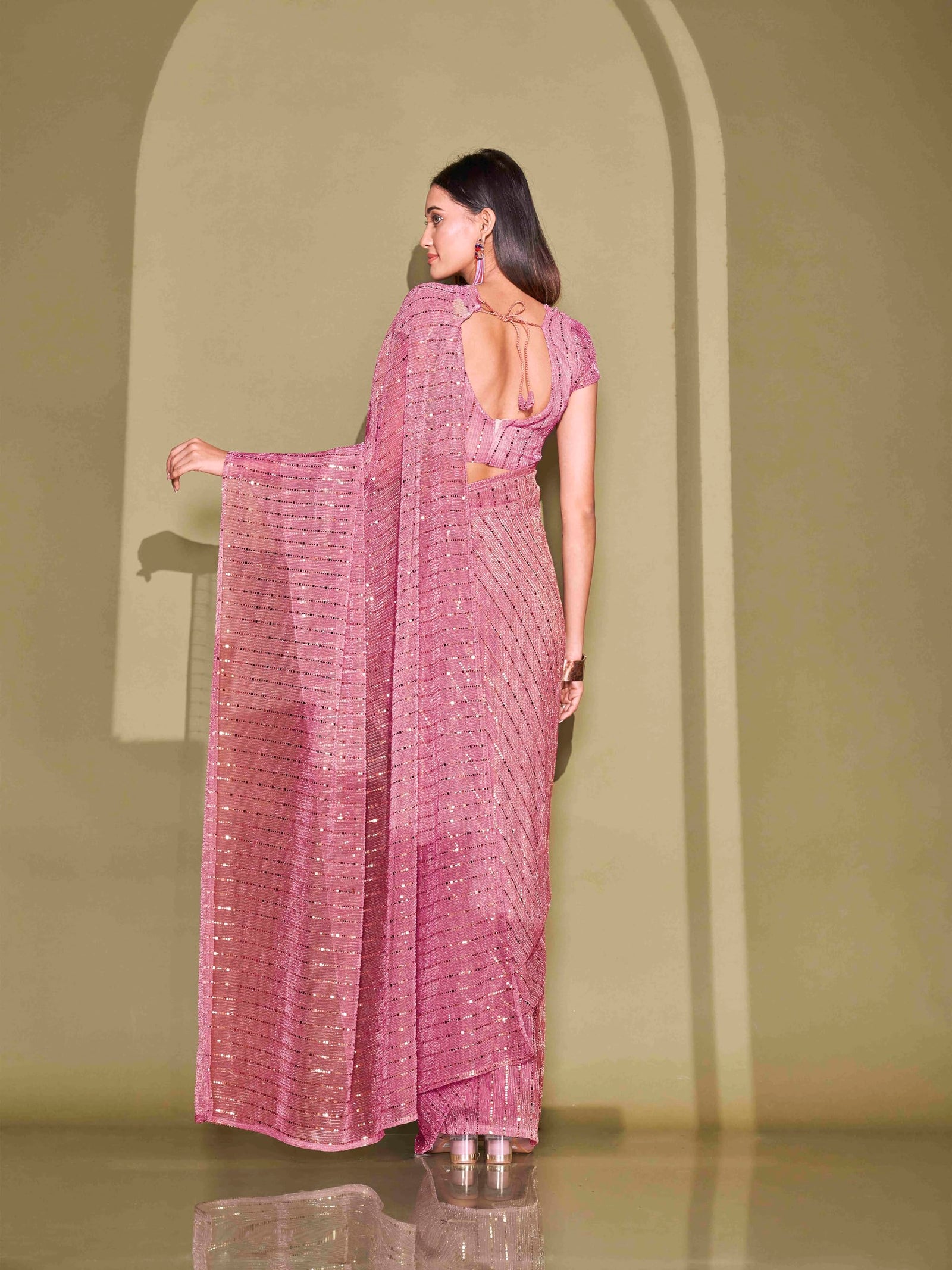 Womanista Women Ready To Wear Pink Lycra Foil Saree with Unstitched Blouse