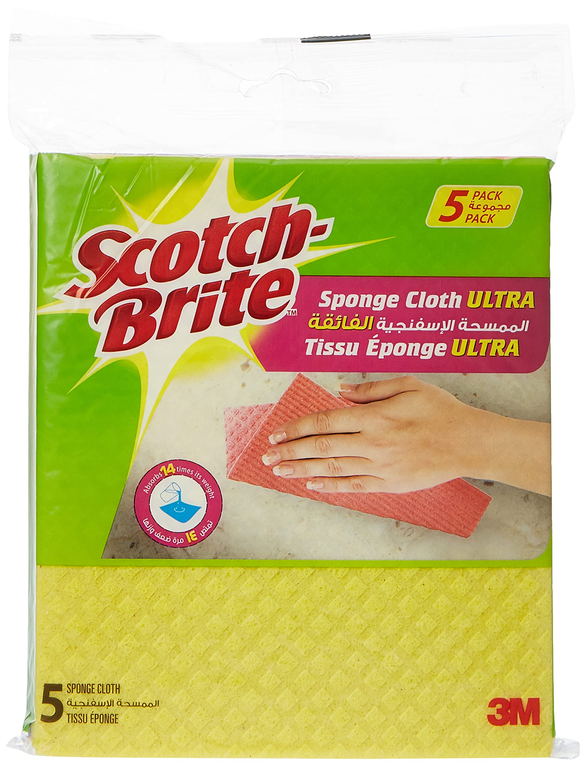 Scotch-Brite Multi-Purpose Sponge Cloth Wipe ULTRA | Quickly soaks up any liquid | Wipes like a cloth, absorbs like a sponge | Kitchen cloth | Cleaning cloth | Sponge cloth | 5 units/pack