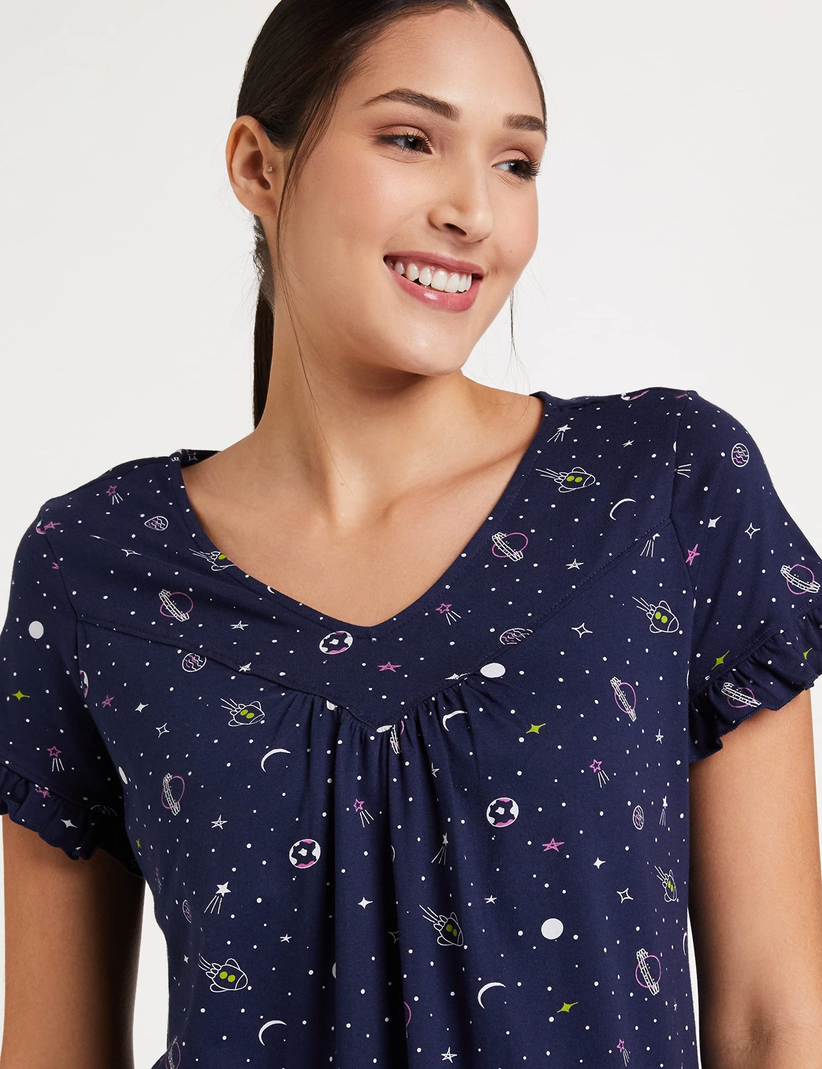 Amazon Brand - Eden & Ivy Women's Cotton All Over Print Knee Length Nightdress Nightgown (EI-AW20DR01-SC-10)