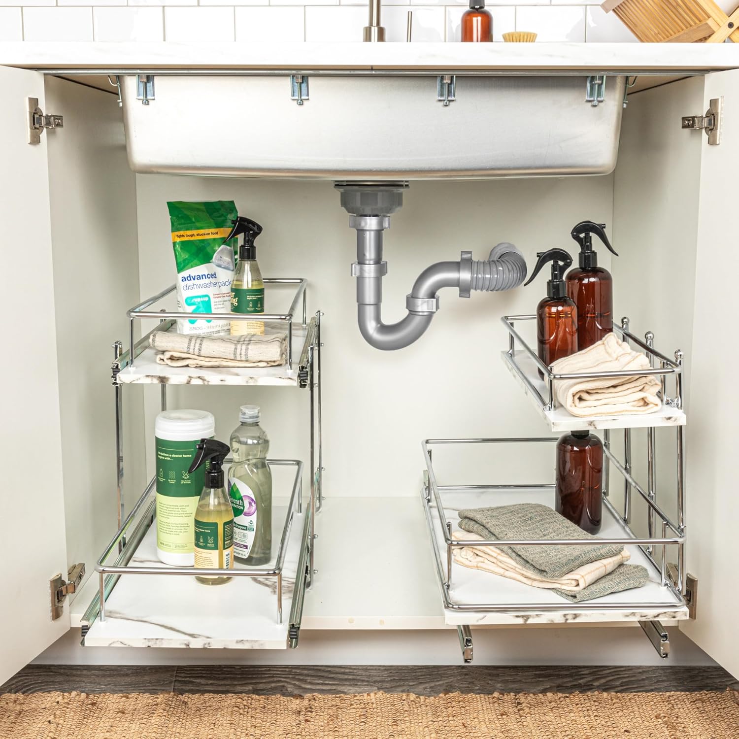 Household Essentials Sliding Cabinet Organizer, Dual Shelf, Chrome and Faux Marble Kitchen Organizer