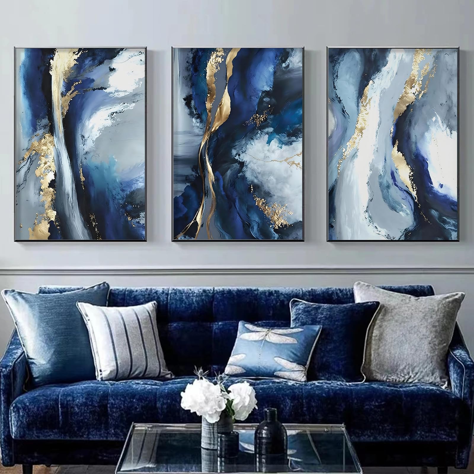 Blue Gold Abstract Wall Art Blue and White Abstract Prints Blue Yellow Abstract Art Blue White and Gold Canvas Painting Navy Blue Modern Artwork Blue Gold Pictures Wall Decor 16x24inx3PCS No Frame