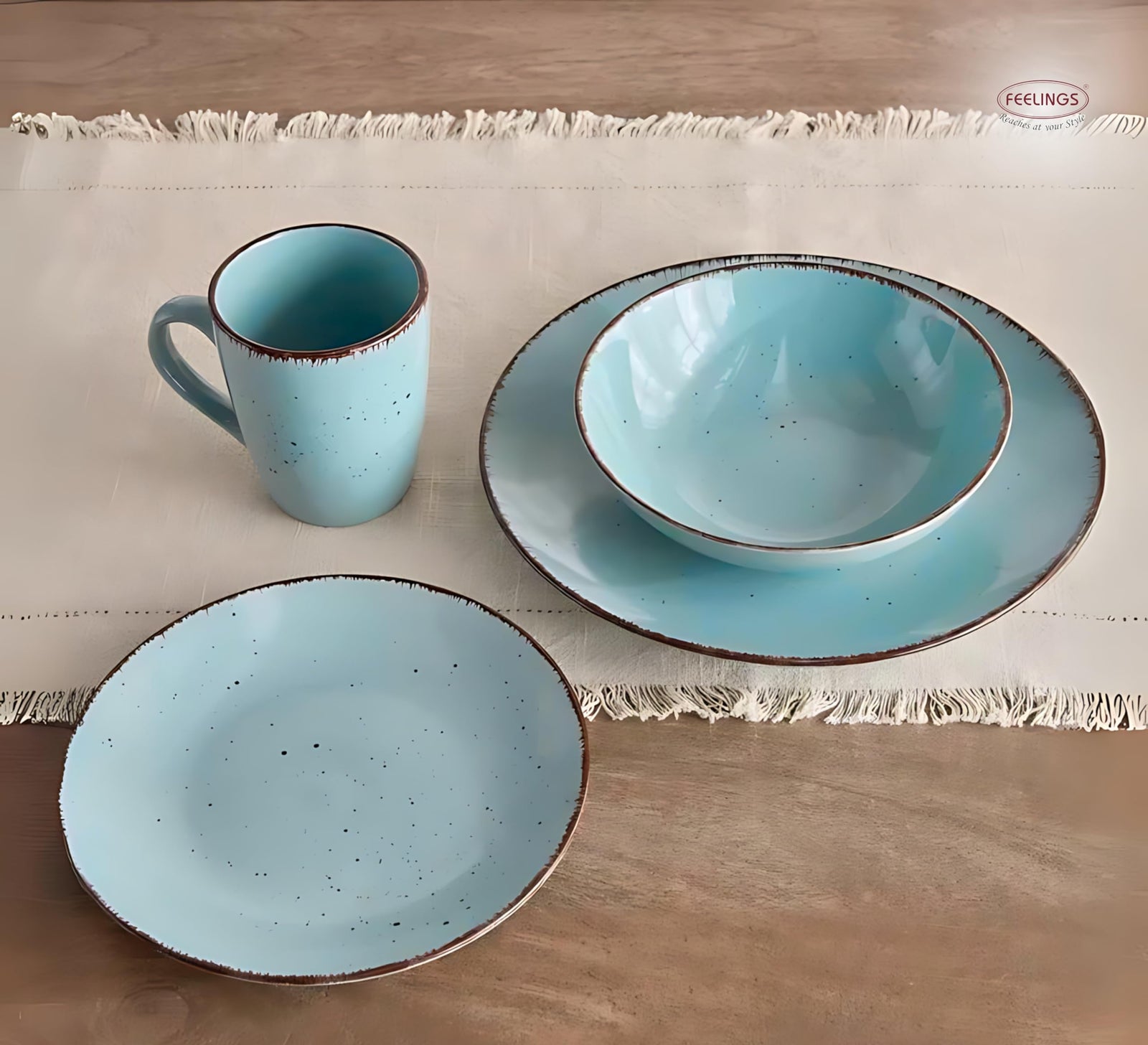 طقم عشاء من السيراميك FEELINGS STONEWARE مكون من 16 قطعة | أدوات مائدة متينة للاستخدام اليومي | يشمل أطباق، وأوعية، وأكواب | تصميم أنيق وعصري | آمن للغسالة والميكروويف (أزرق سماوي)
