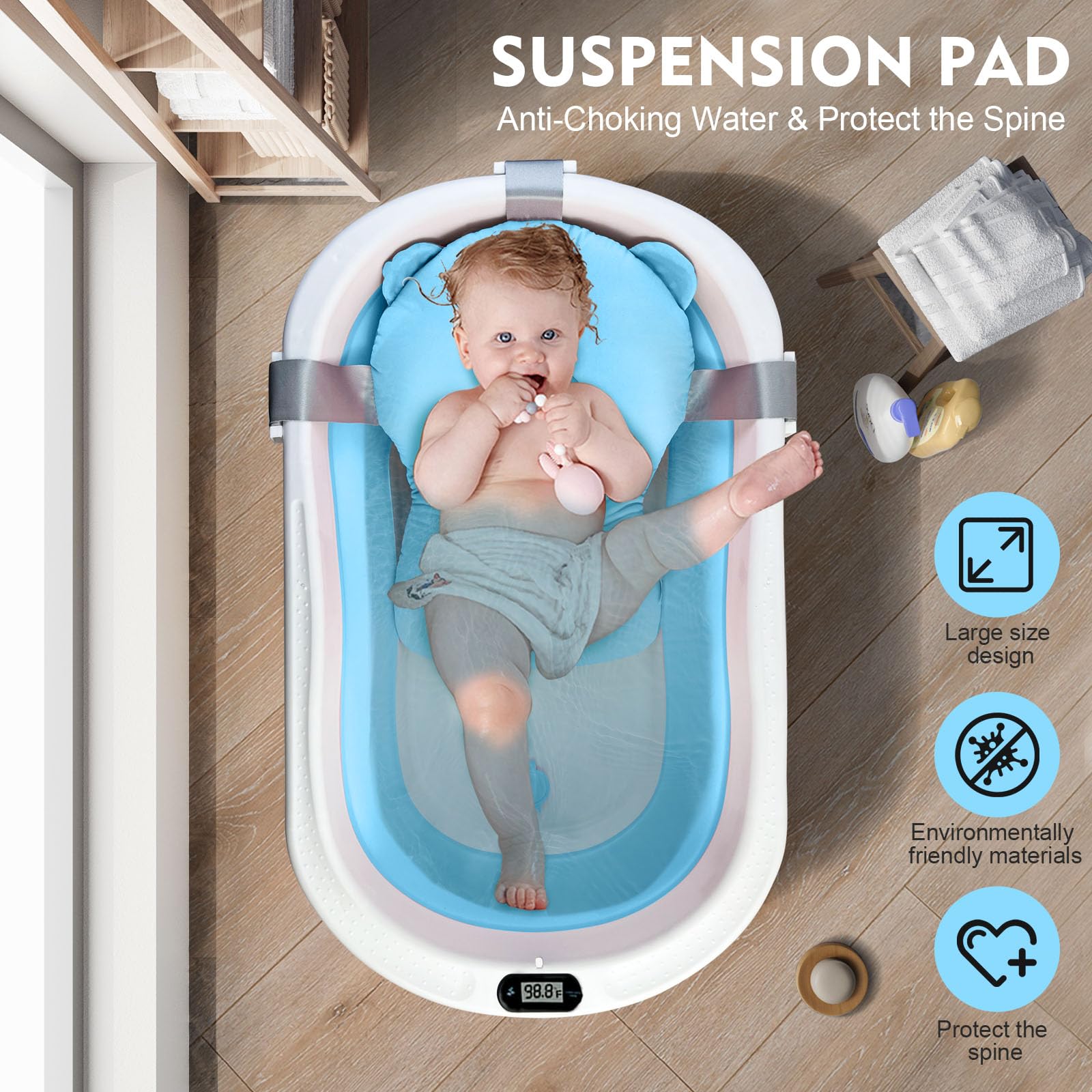 SKY-TOUCH Baby Foldable Bath Tub with Bathmat Cushion & Thermometer, Portable Baby Bathtub with Drain Hole, Shower Basin with Non-Slip Support Leg for 0-6 Years Boy Girl (Blue)