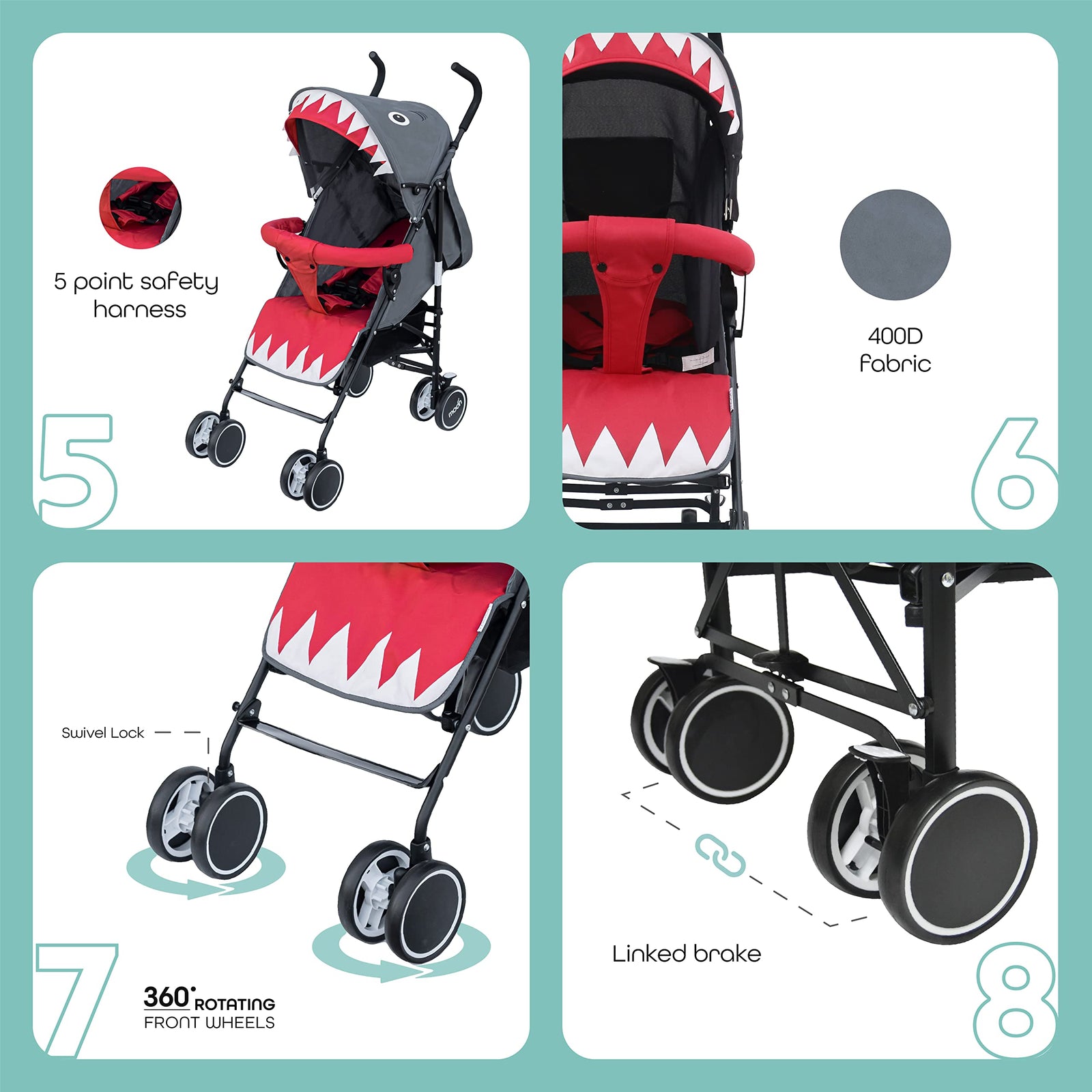 MOON Safari Baby Stroller – Animal-Themed Umbrella-Stroller with Hood – Compact Lightest-Stroller for Travel – Reclining, Storage Basket, Shoulder Strap – 0m+ (Up to 18 kg) – Shark
