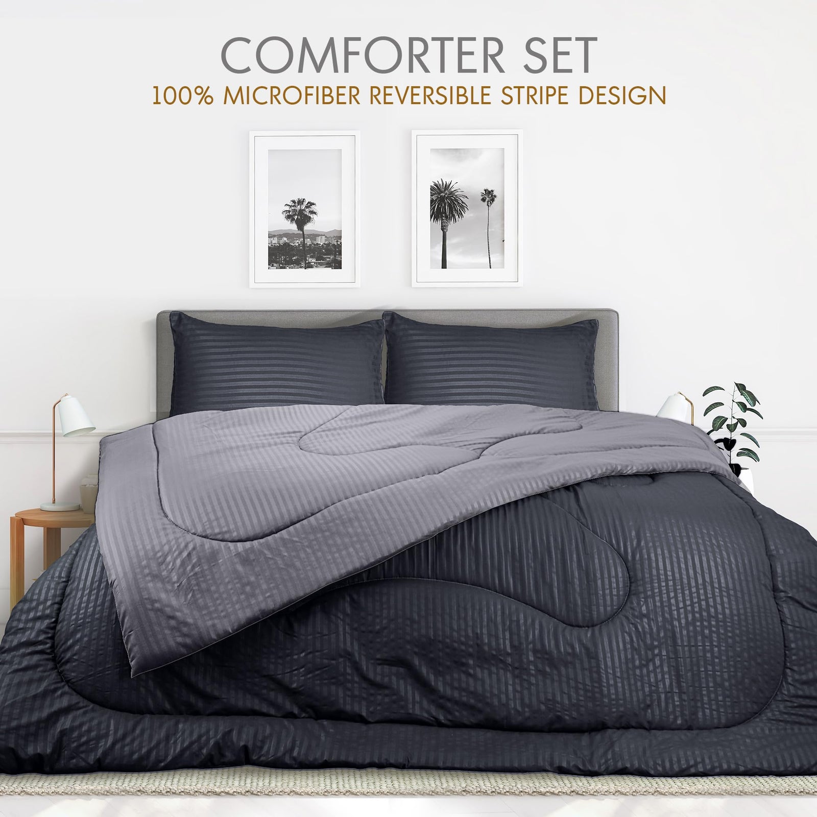 Hotel Linen Klub Reversible Down Alternative Comforter Set -Ultra Soft Brushed Stripe Microfiber Fabric, 200GSM Soft Fibersheet Filling, Size :Single 160 x 200cm, Color: Charcoal & Lt. Grey