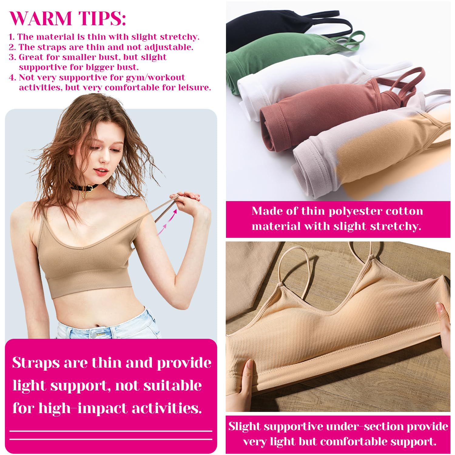 selizo Padded Bralettes for Women, 6 Pcs Sports Bras for Women Pack, V Neck Cami Bando Bra for Women Girls