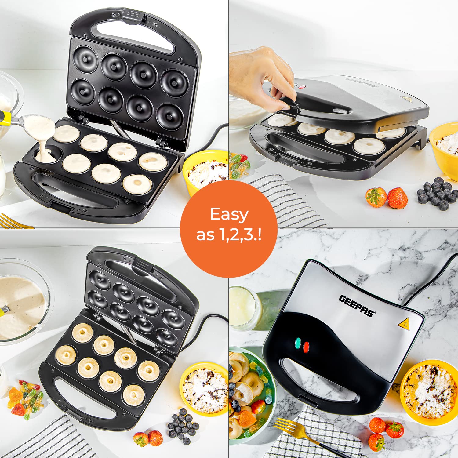 Geepas GDM36532 750W 8 Pcs Doughnut Maker - Non-Stick Cooking Plate| Comfortable Handle with Power On & Ready Indicator | 2 Years Warranty