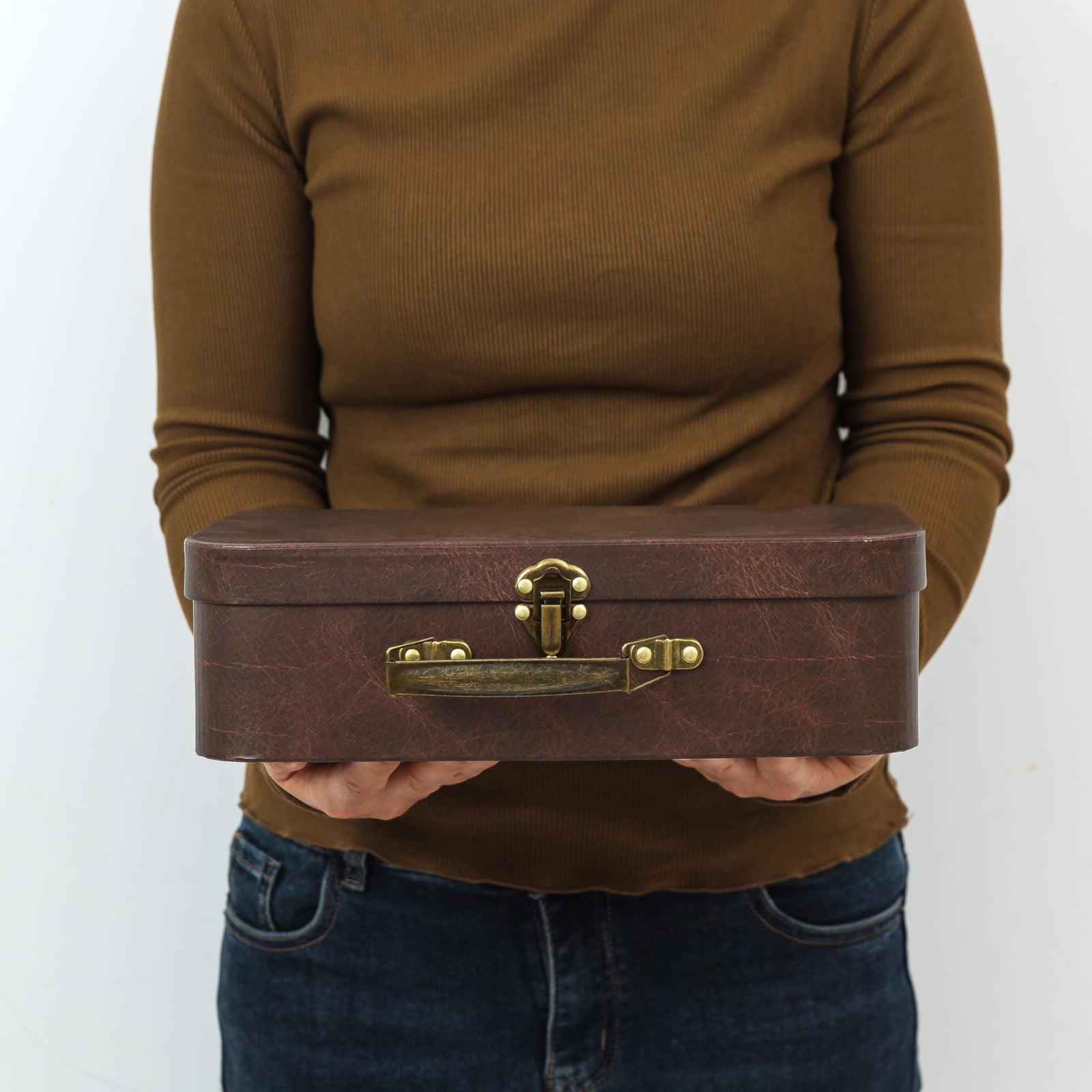Paperboard Suitcases Set of 3, Brown Leather - Vintage Cardboard Suitcase Decor, Nesting Luggage Decorative Mache Boxes with Hinged Lids and Brass Handle, Mini Suitcases for Centerpieces, Photo Props
