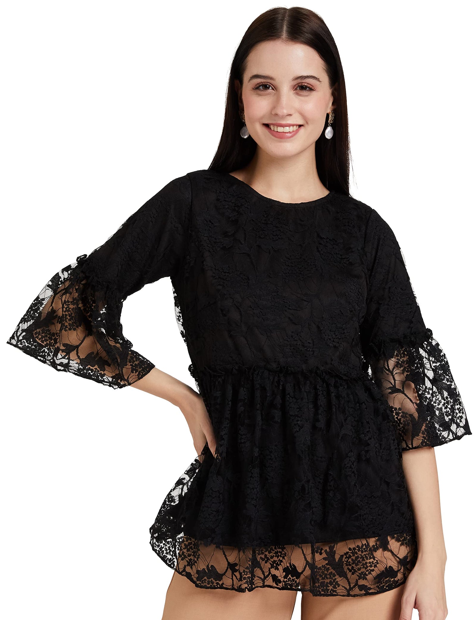 Miss Olive Women Solid 3/4Th Sleeves Ruffled Lace Top (Moaw19Tp30)