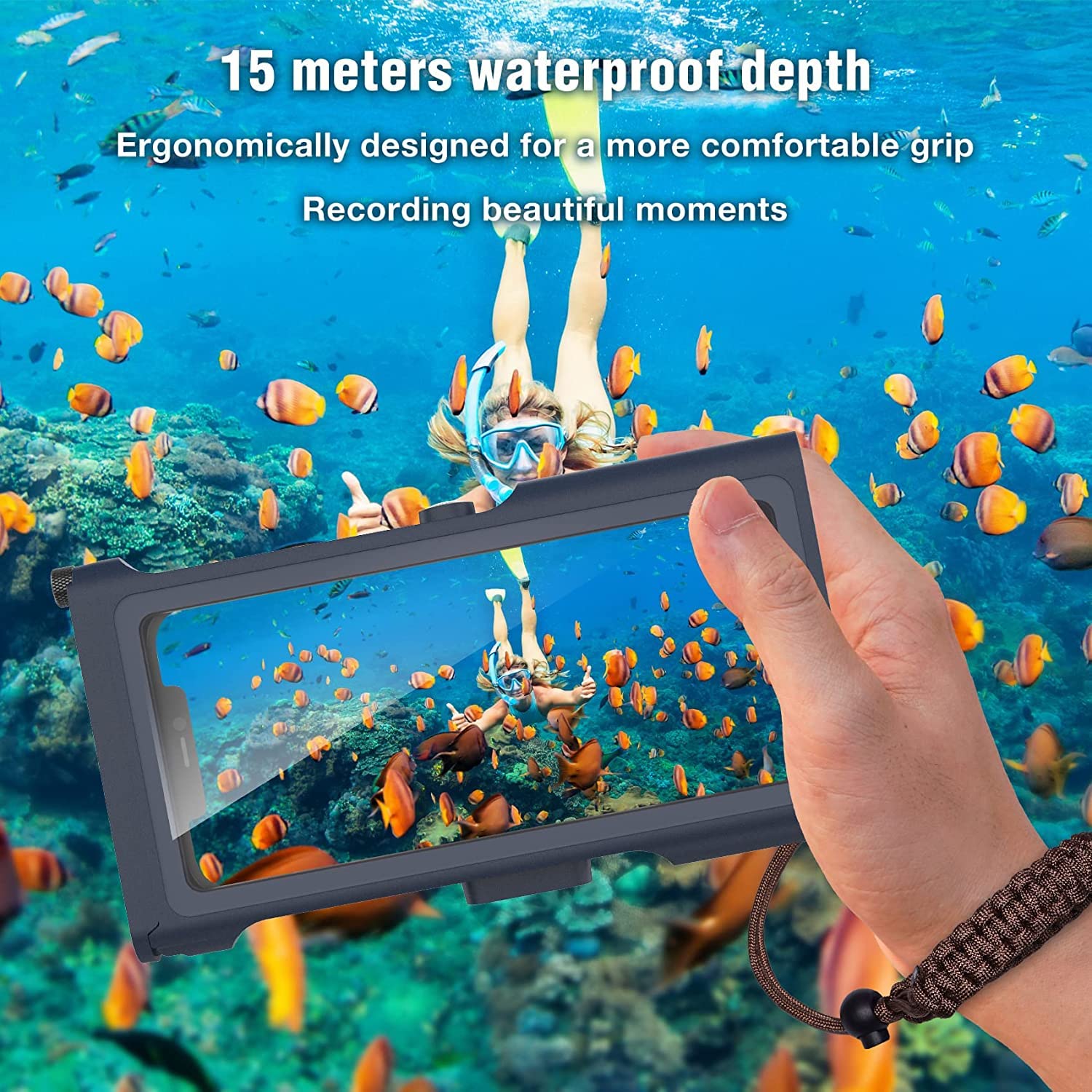 Underwater Snorkeling Diving Waterproof Phone Case for iPhone Samsung Galaxy LG Huawei Series Smartphone Below 6.7inch Universal, Bluetooth Connection Control Cameras Zoom Video with APP (Blue-Orange)