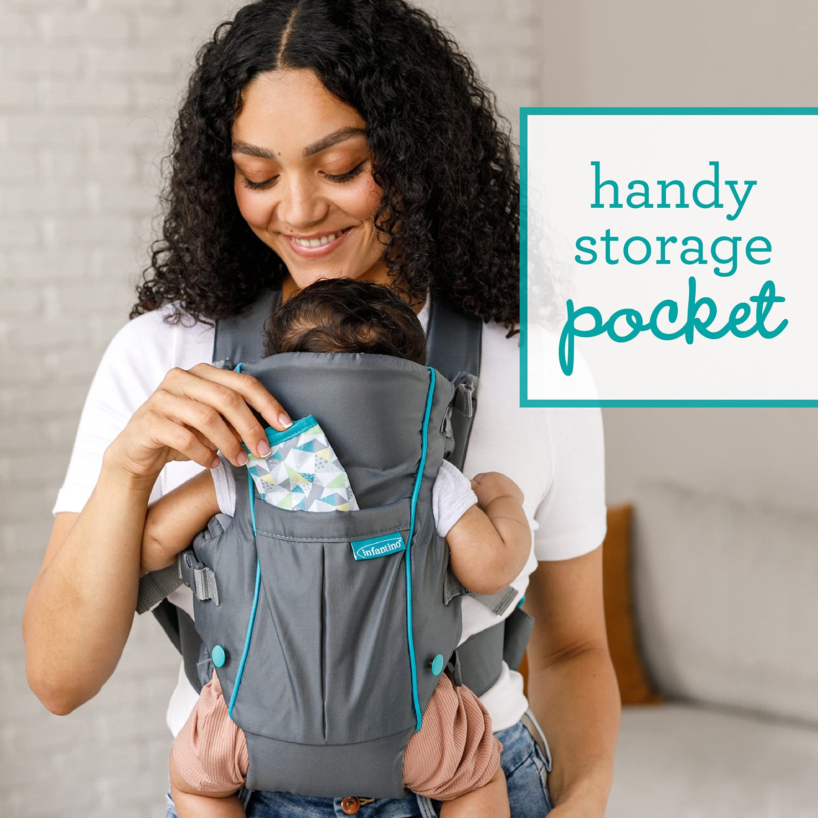 Infantino Swift Classic Carrier with Pocket - 2 Ways to Carry Grey_Carrier with Wonder Bib & Essentials Storage Front Pocket, Adjustable Back Strap, Inward & Outward Facing, Easy Clean Material