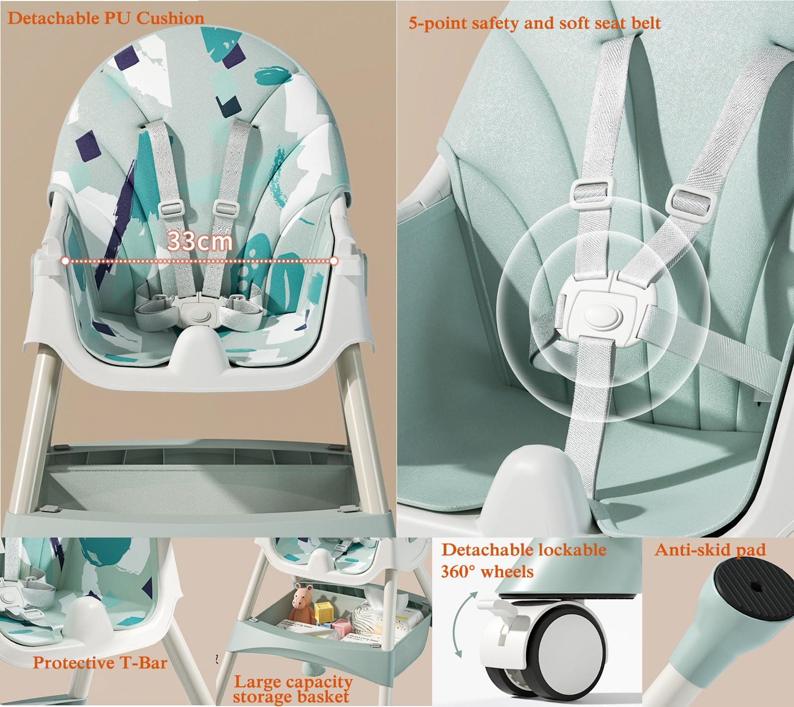 2-1 Baby High Chair, Foldable Infant Dining Chair Rocking Chair, Multifunctional Toddler Kids Feeding Chair, 3Gears Adjustable Recliner Chair with Eating Food Tary & 360° Wheels (Khaki)