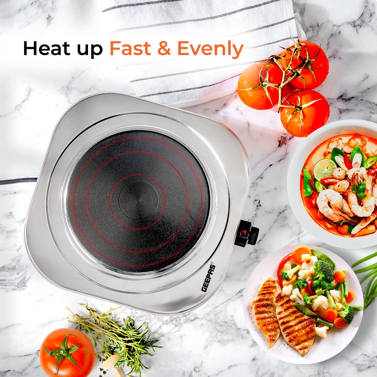 Geepas Stainless Steel Single Hot Plate, Indicator Light, GHP32023 1500W, Adjustable Temperature Control, Overheat Protection,2 Years Warranty, Silver