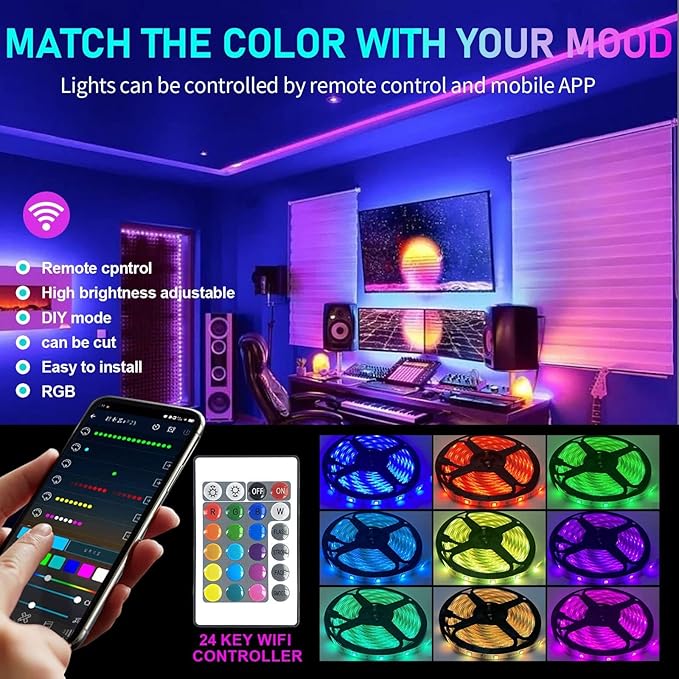 SKY-TOUCH LED Strips Lights 5M with Remote, Led Lights Strip Music Sync, Flexible RGB Color Changing Led Lights Kit for Bedroom, DIY Color Options LED Strip for Home Decoration, Bar, Kitchen, Party
