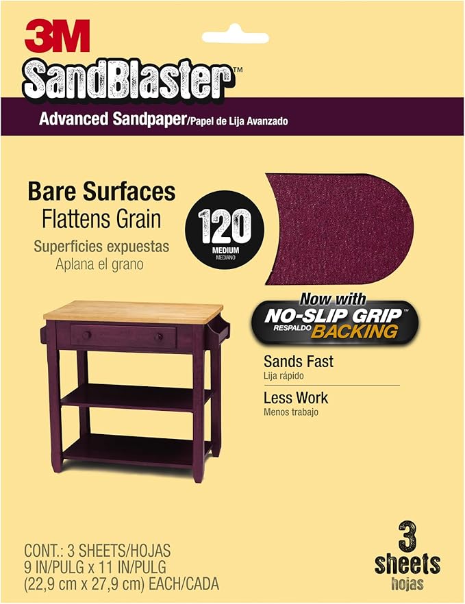 3M SandBlaster Bare Surfaces Sandpaper, 120-Grit, 9-Inch by 11-Inch