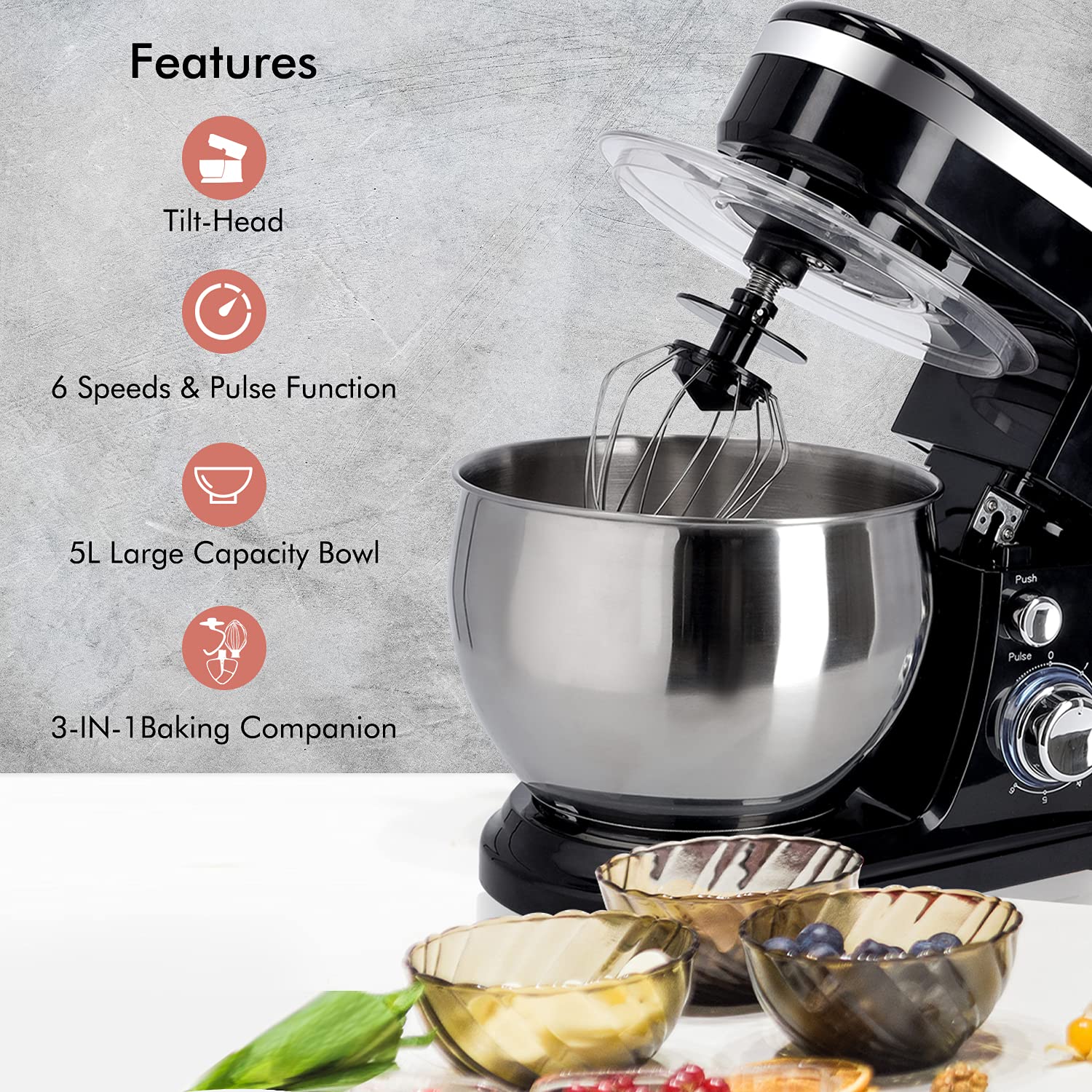 Geepas 5L Food Stand Mixer | 1000W Stainless Steel Mixing Bowl & Splash Guard | 6 Speed With Pulse & Balloon Whisk Flat Beater & Dough Hook | 2 Years Warranty, Black, Gsm43038UK