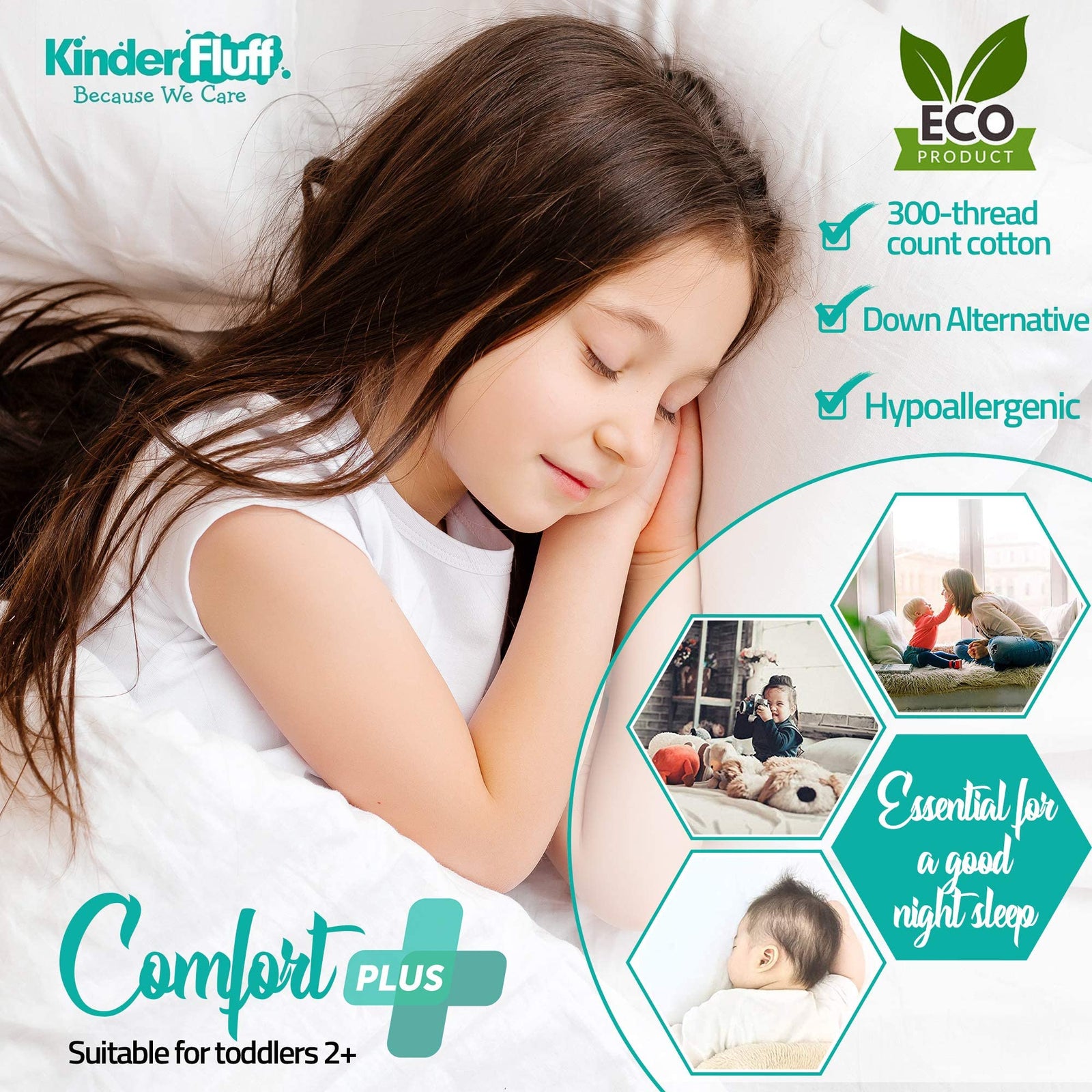 Kinder Fluff Toddler Pillow (2 Pcs)-Baby Pillow for Toddler Bed or Travel Pillow-The Only Pillow with 300T Cotton & Down Alternative Fill-Hypoallergenic & Machine Washable-Toddler Pillow for Sleeping