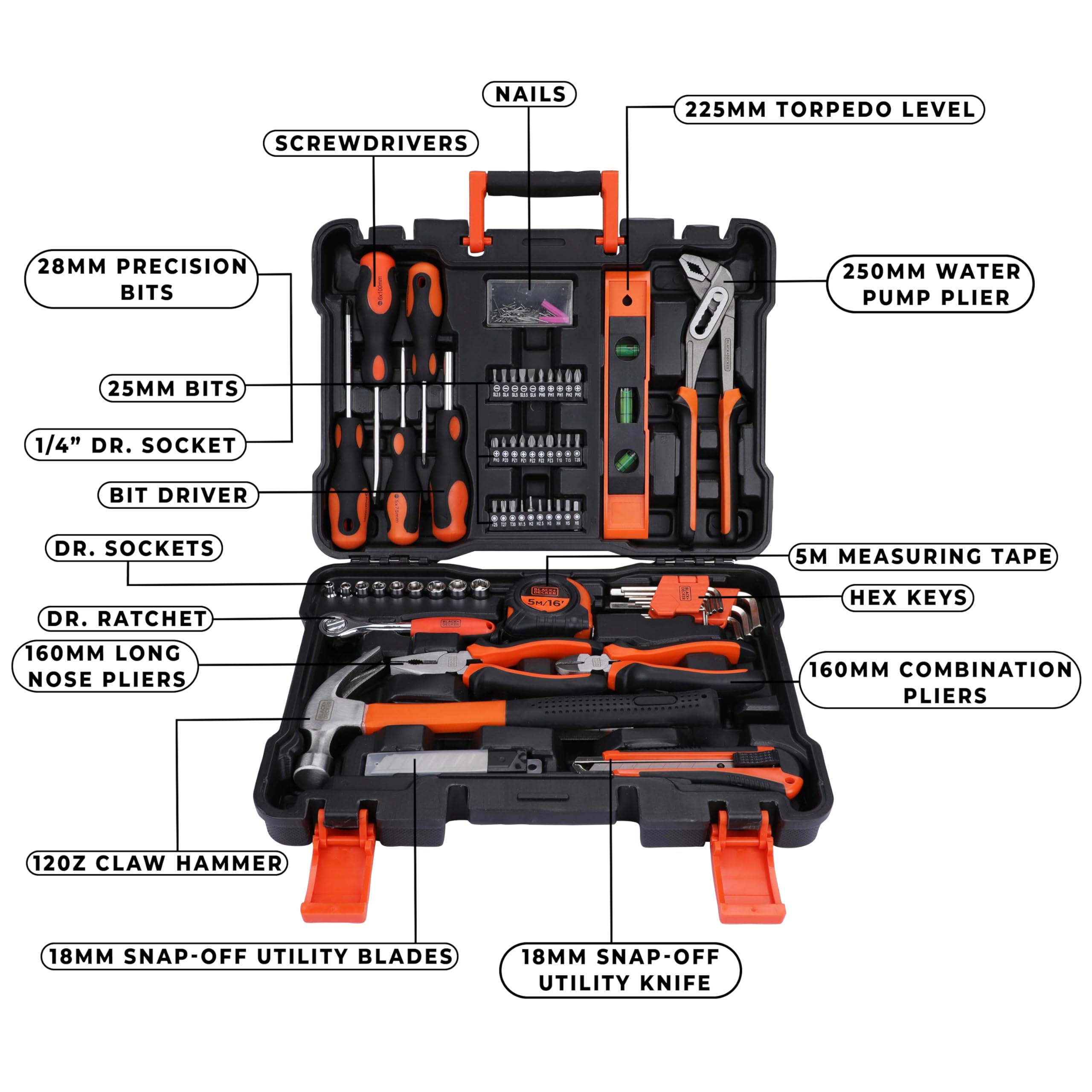 Black & Decker BMT154C Professional Hand Tool Kit Set Of 154 Pieces - Orange Black