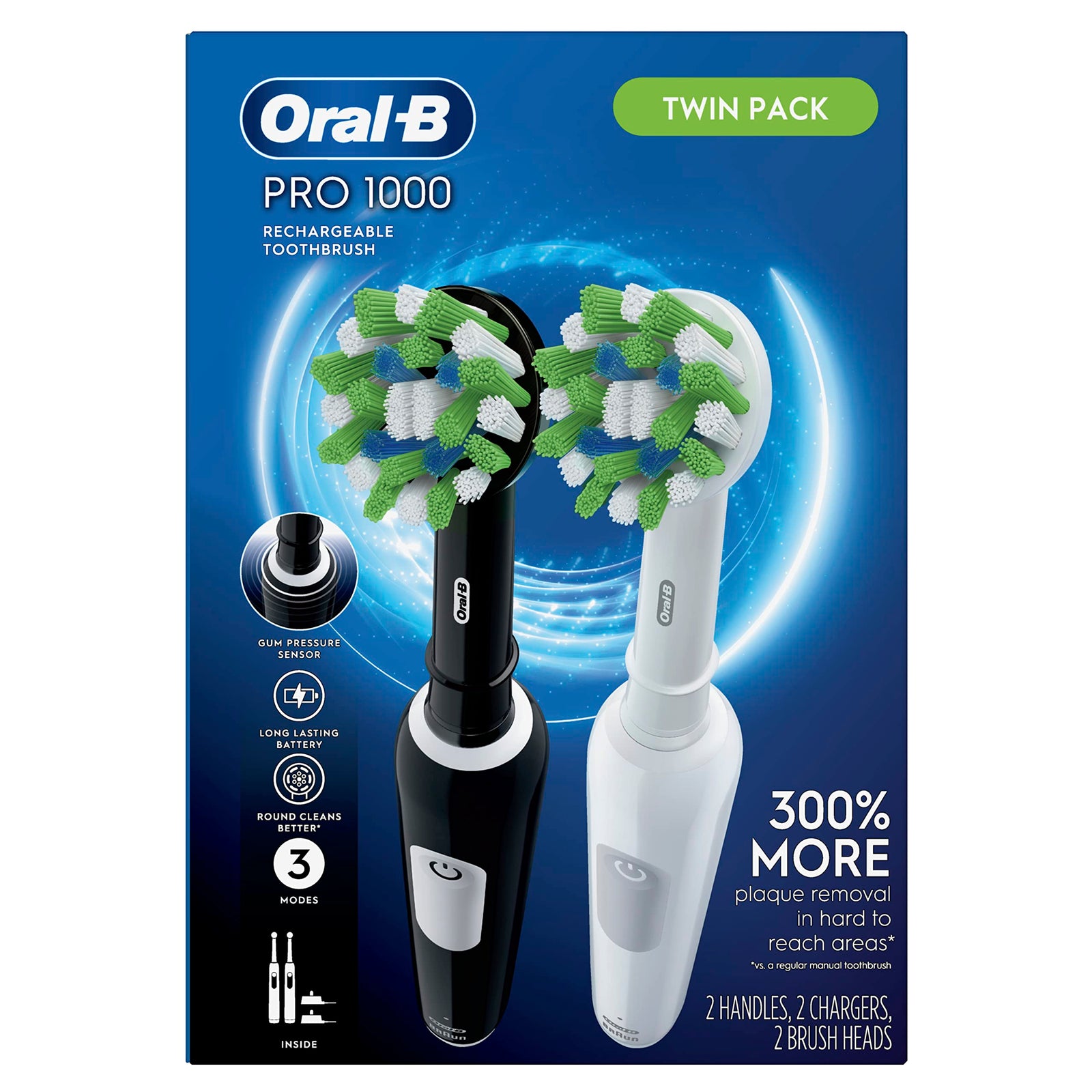 Oral-b Pro 1000 Crossaction Electric Toothbrush, Powered By Braun, Black and White, 2 Count