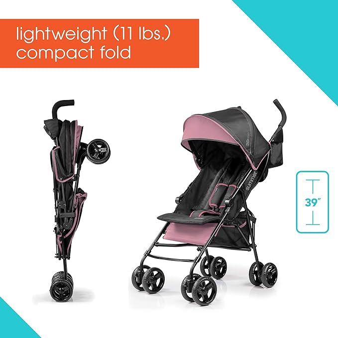 Summer Infant 3Dmini® Convenience Ultra Light weight/Compact fold Stroller/Pram with Storage pouch & dual cup holders suitable for Babies/Infant/Kids, From 6 months to 4 Years -Pink