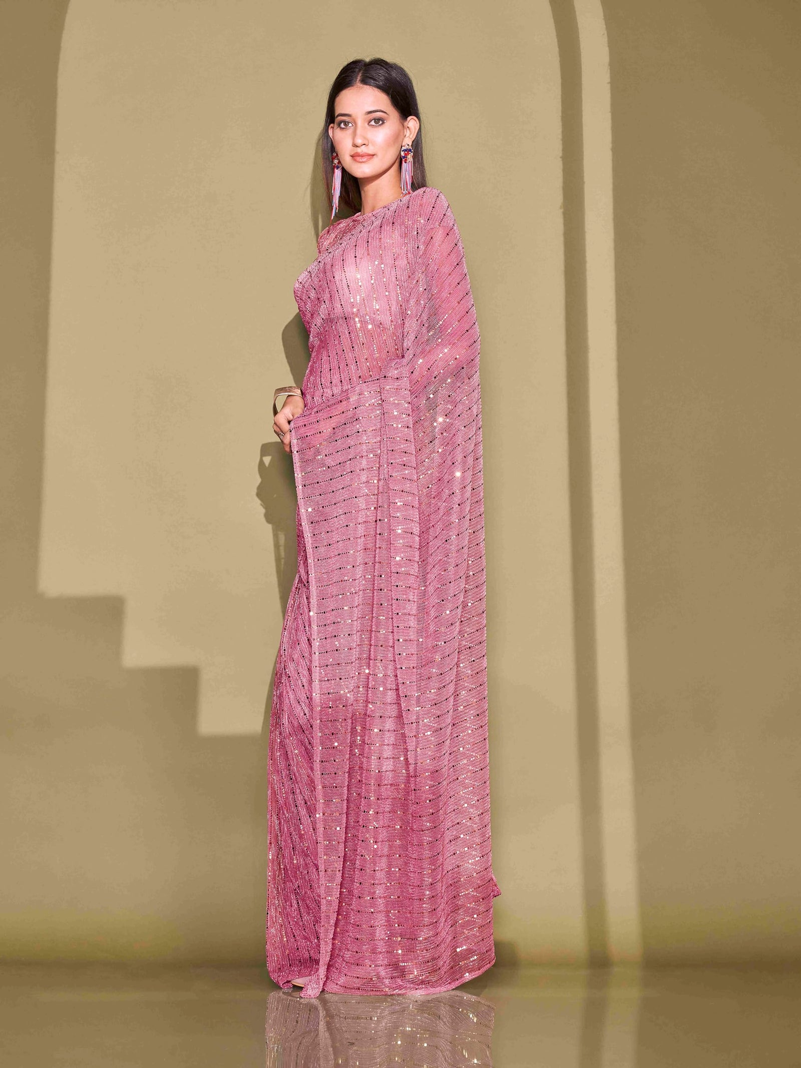 Womanista Women Ready To Wear Pink Lycra Foil Saree with Unstitched Blouse