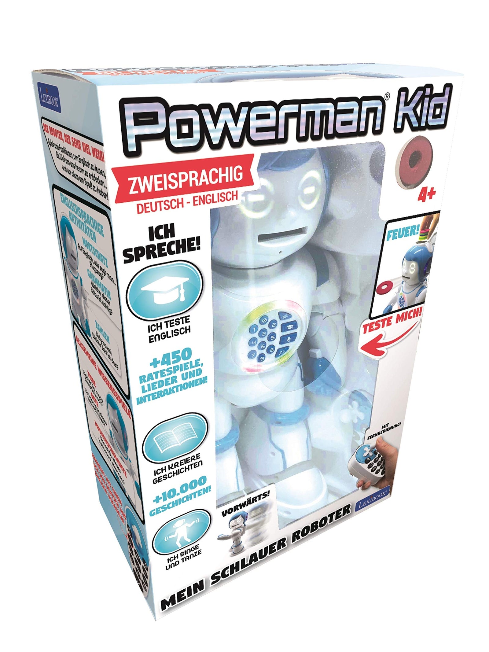 Lexibook Powerman Kid - Educational and Bilingual English/French Robot - Walking Talking Dancing Singing Toy - STEM Programmable Telling Creating Stories - Quizzes Shooting Discs for kids - ROB90DE