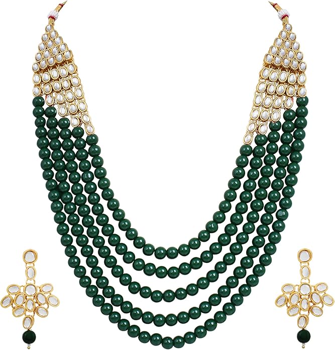 Shining Diva Fashion Latest Design Stylish 5 Layer Faux Pearl and Kundan Rani Haar Party Wear Traditional Necklace Jewellery Set for Women, Gold Plated, Pearl