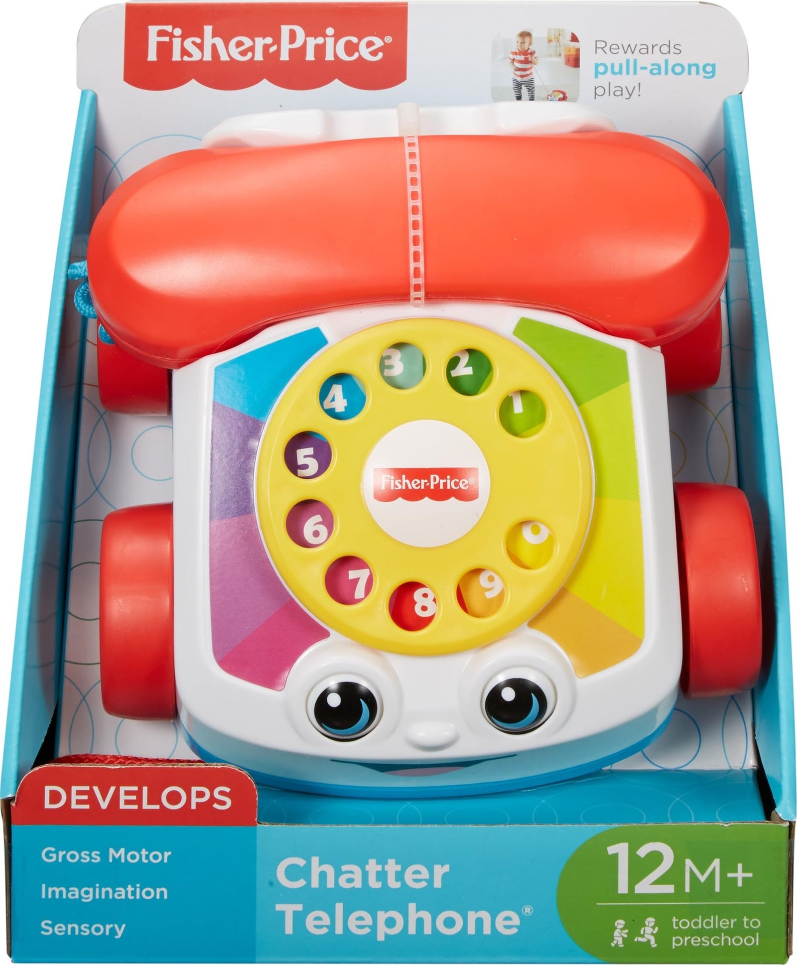 Fisher-Price Toddler Pull Toy Chatter Telephone Pretend Phone with Rotary Dial and Wheels for Walking Play Ages 1+ years