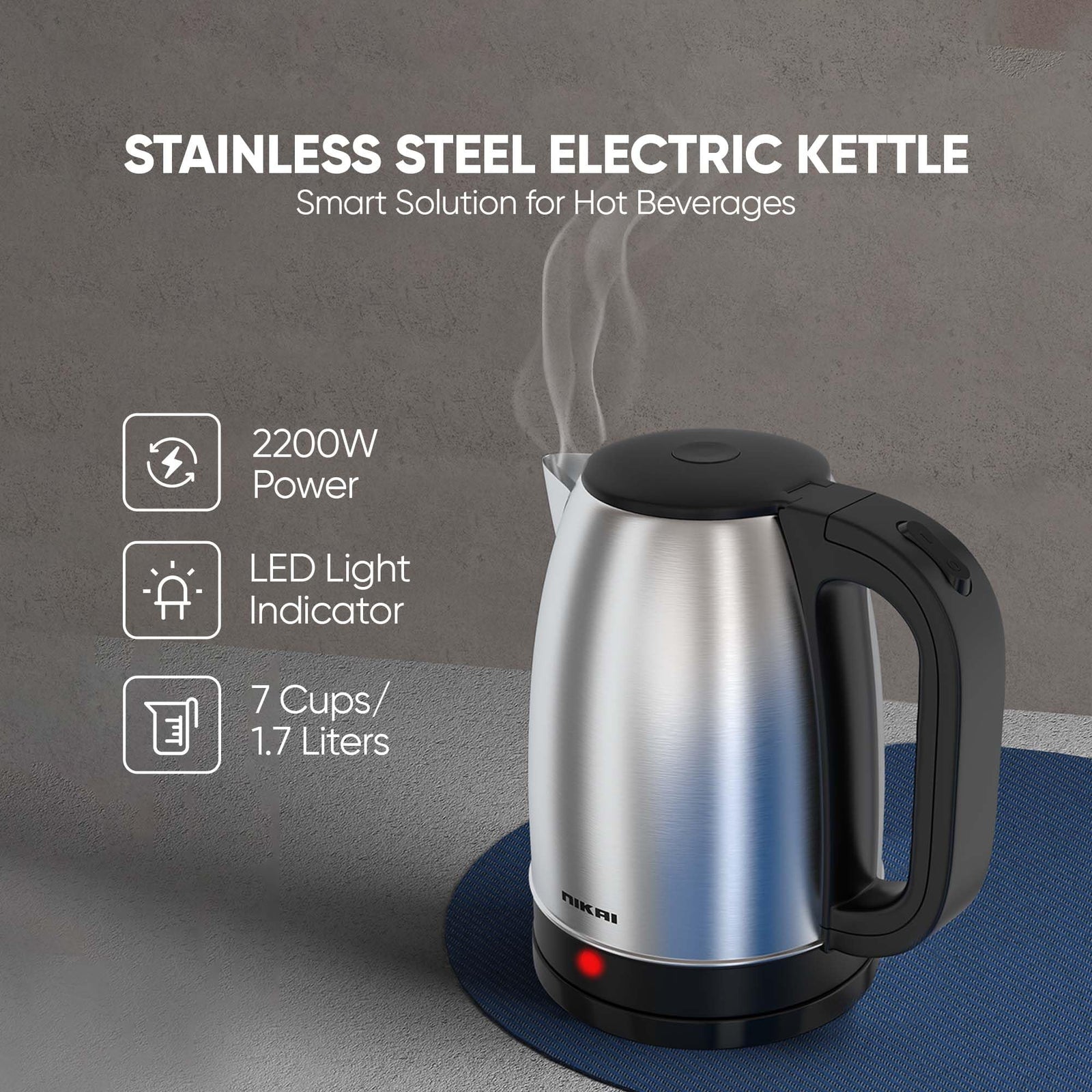 Nikai 1.7L Stainless Steel Electric Kettle, 2200W Power, Stylish & Safe Boiling, Auto Shut Off, Indicator Light, 360° Rotating Base, Timeless Design, Matt Finish, Ideal for Home & Office use - NK420A