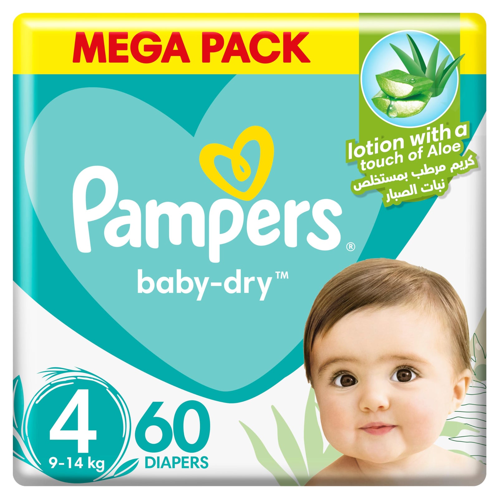 Pampers Baby-Dry Taped Diapers with Aloe Vera Lotion, up to 100% Leakage Protection, Size 4, 9-14kg, 60 Count