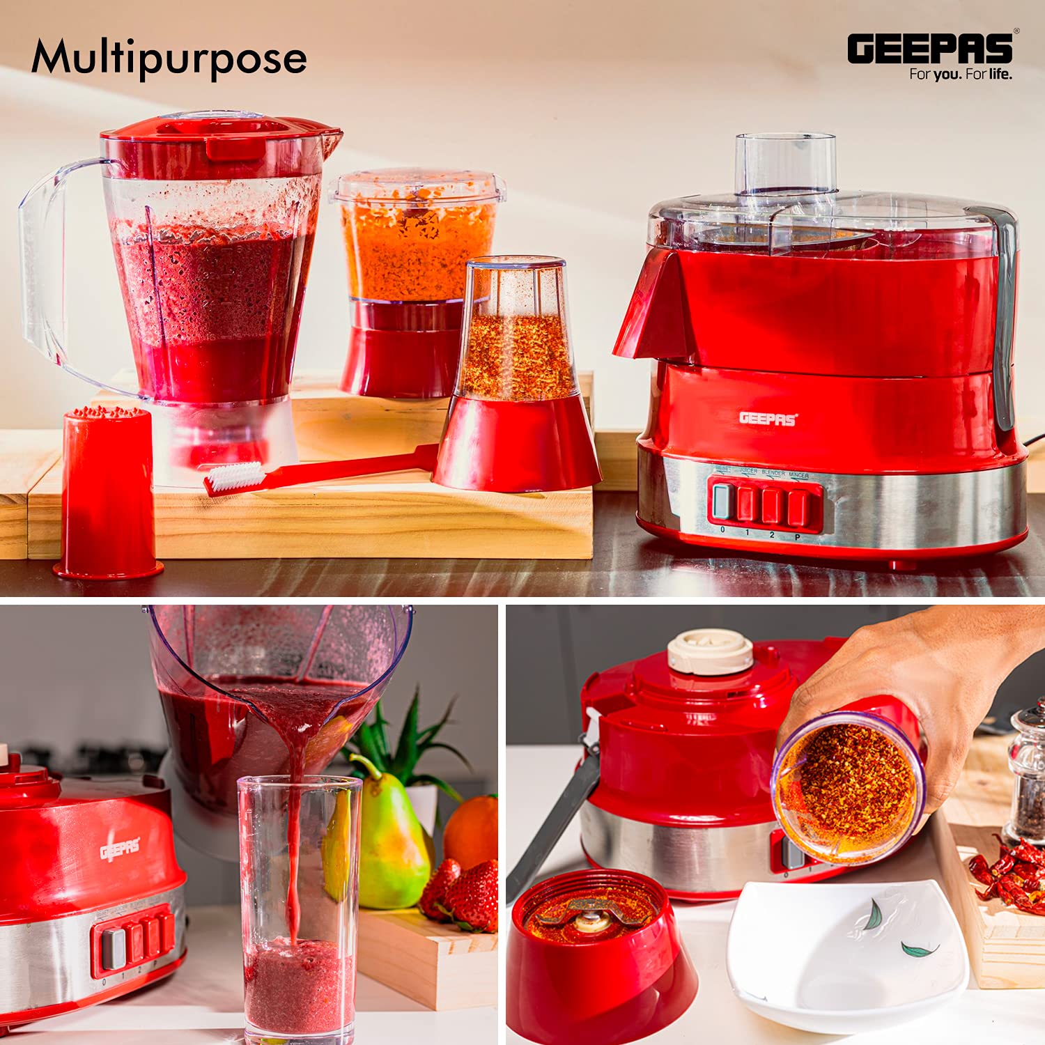 Geepas 4-in-1 multi-function food processor | electric blender juicer, 2-speed with pulse function & safety interlock 800w |juicer, blender, mixture coffee mill included- assorted