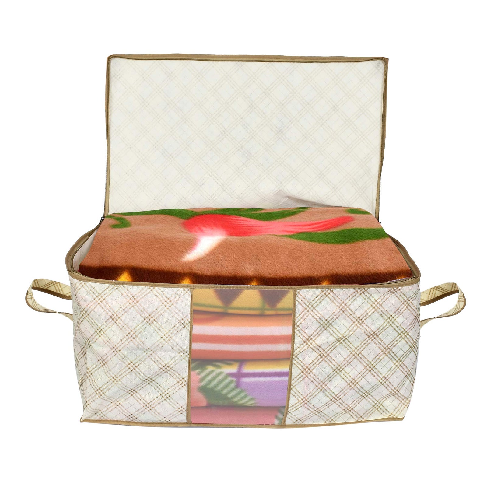Fun Homes Metalic Checkered Print Non Woven 2 Pieces Underbed Storage Bag,Cloth Organiser,Blanket Cover with Transparent Window (Ivory)-FUHHNH16583