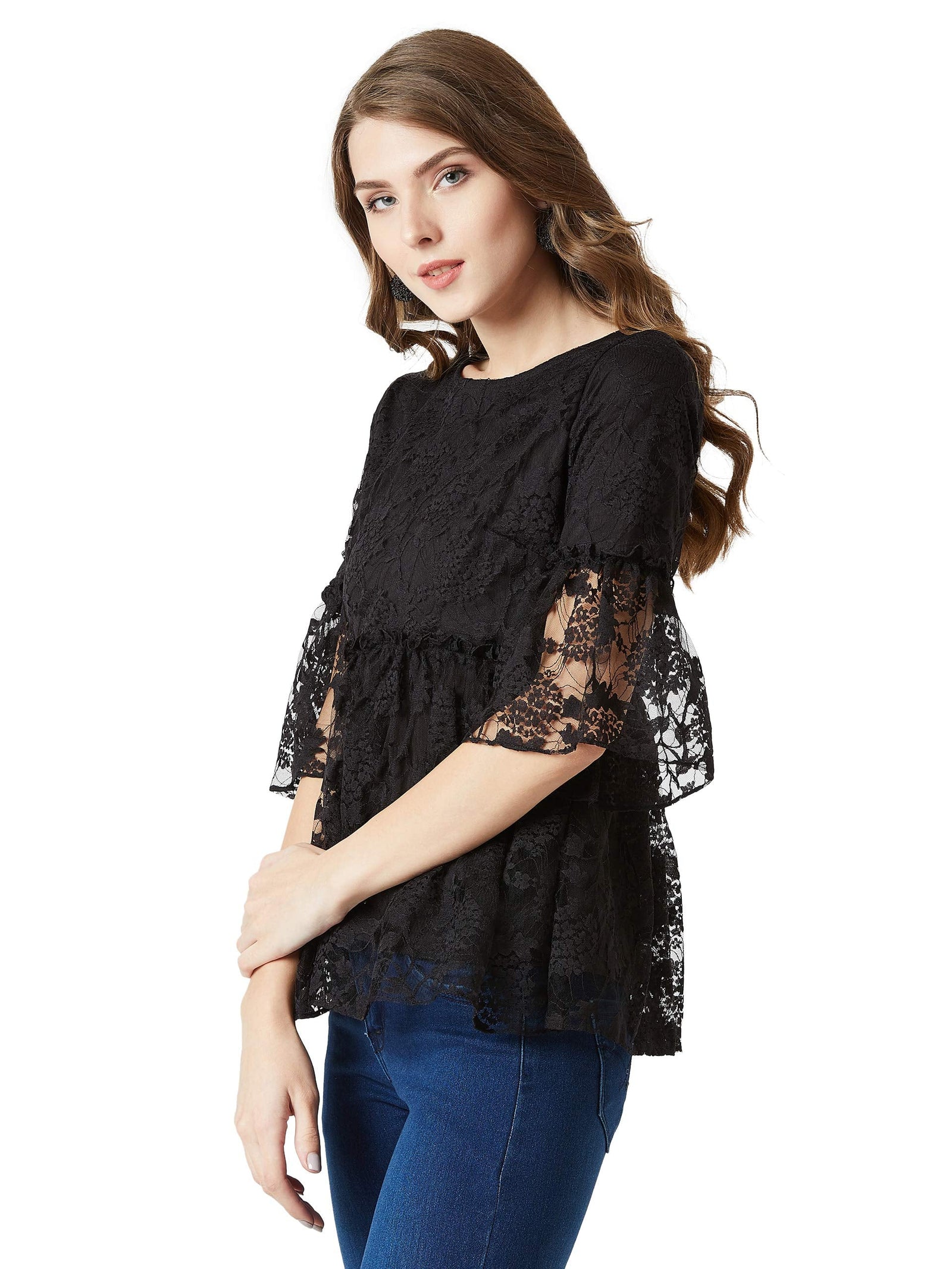 Miss Olive Women Solid 3/4Th Sleeves Ruffled Lace Top (Moaw19Tp30)