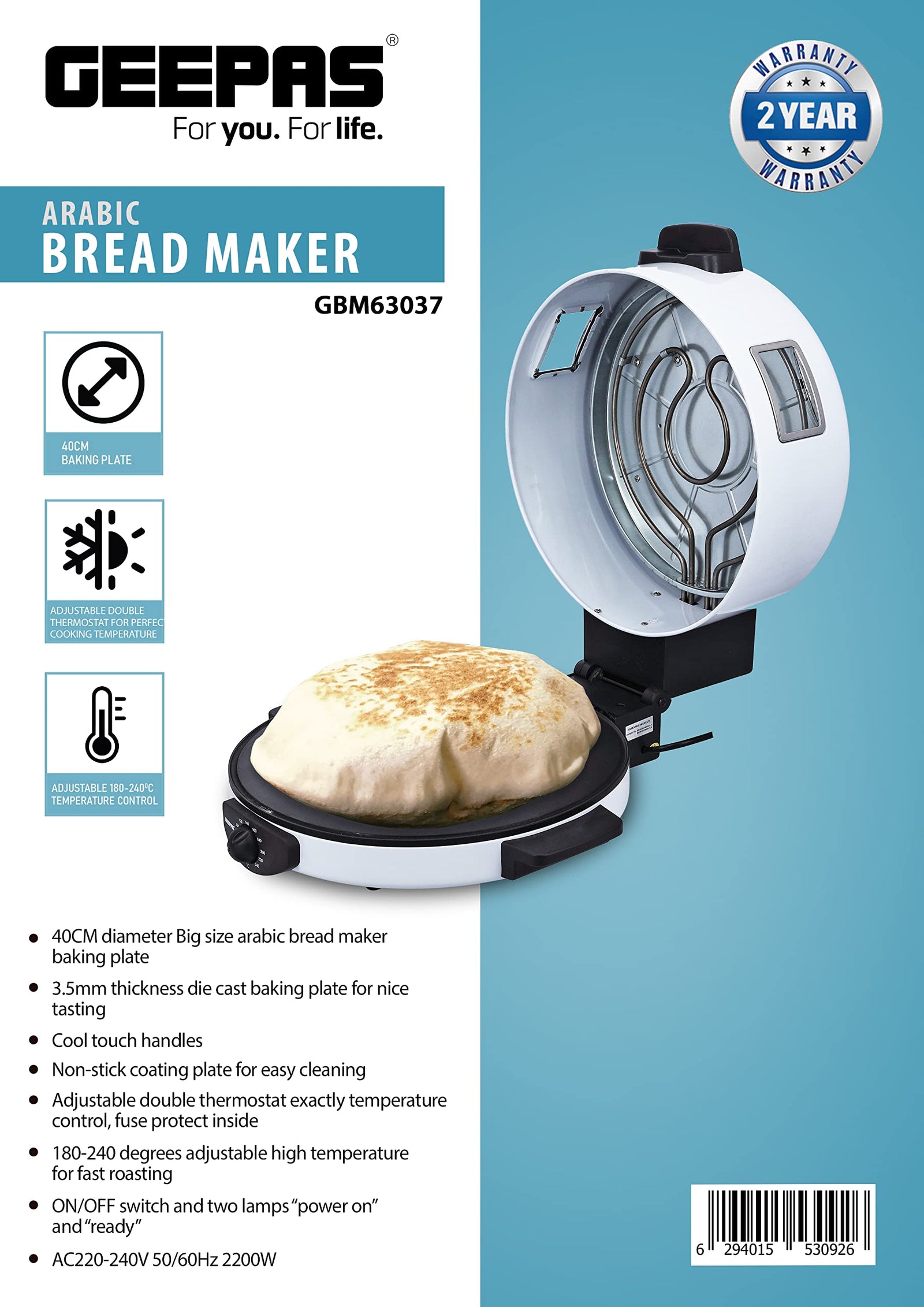 Geepas GBM63037 Arabic Bread Maker | Adjustable Temperature | 40cm Baking Plate|Halogen Tube & Stainless Steel Heating Coil | Adjustable Double Thermostat, Silver