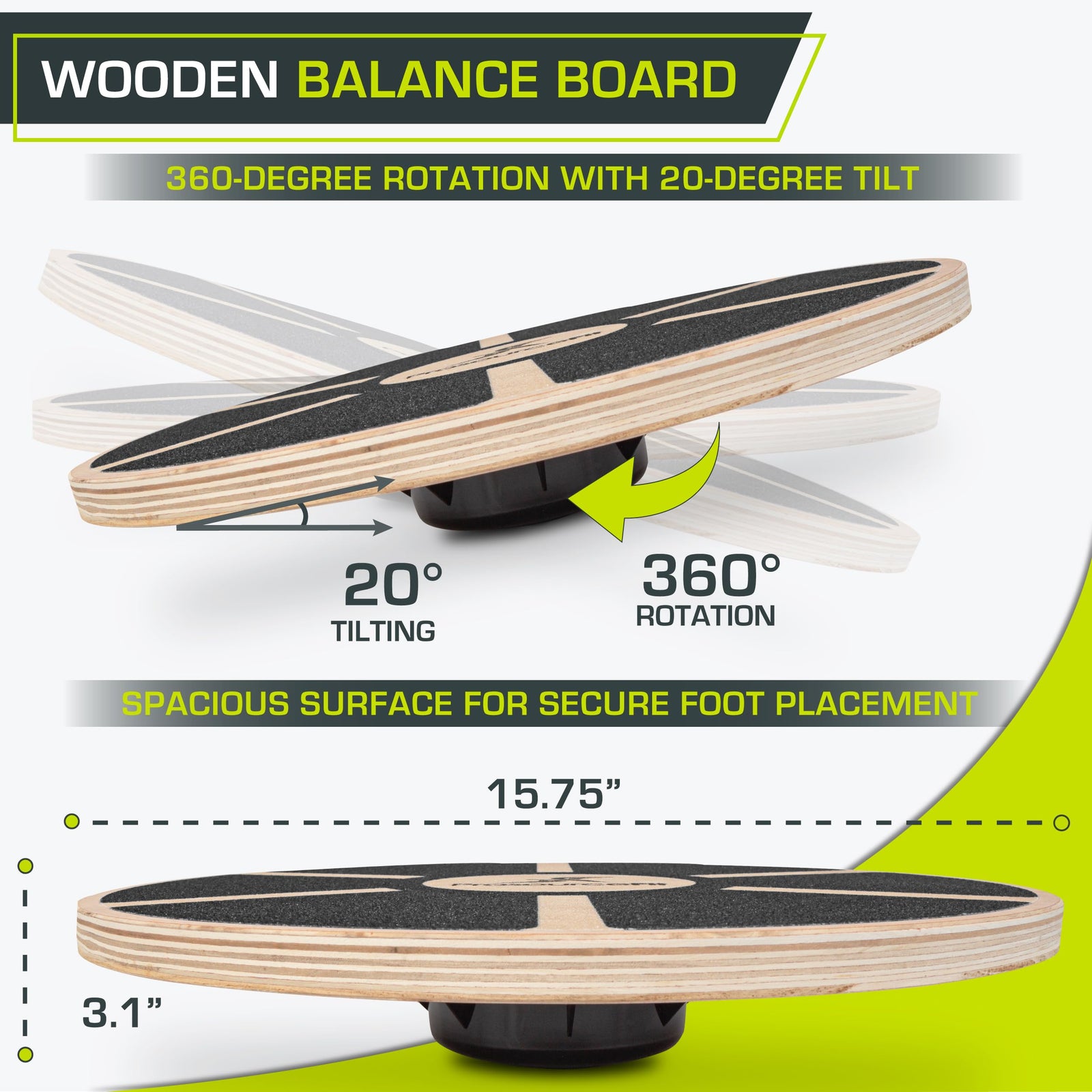 ProsourceFit Wooden Balance Board Non-Slip Wobble Core Trainer 15.75in Diameter with 360 Rotation for Stability Training, Full Body Exercises, Physical Therapy