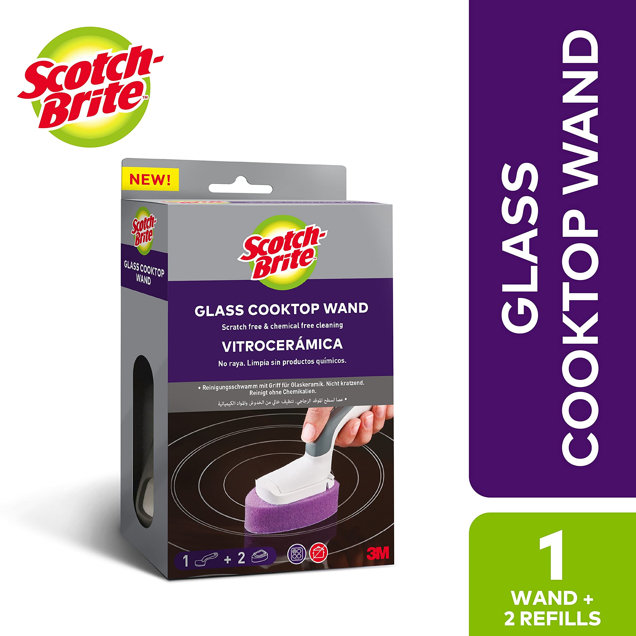 Scotch-Brite Glass Cooktop Cleaning Wand | Scratch and chemical free cleaning | For Glass Stovetops | Tackle Burnt-On Messes | Cleans With Just Water | Kitchen sponge | Scrub | 1 wand+ 2 Refills/pack