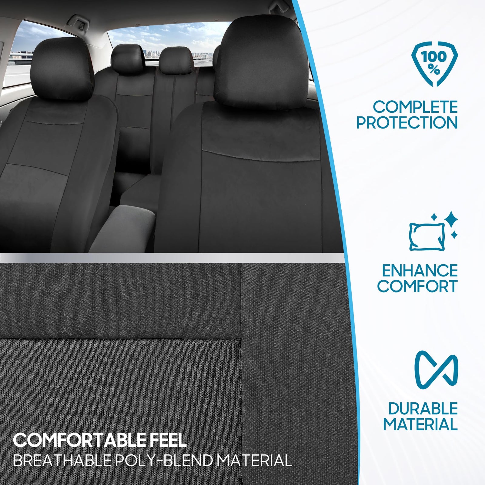 BDK PolyPro Car Seat Covers Full Set in Solid Charcoal – Front and Rear Split Bench Seat Covers for Cars, Easy to Install, Accessories for Auto Trucks Van SUV
