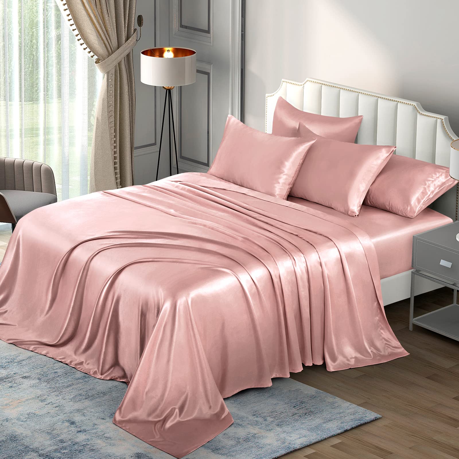 P Pothuiny Satin Sheets King (6 Pieces, Champagne) Luxury Silky Satin Bed Sheets King Bedding Set, Extra Soft Satin Sheet Set, 1 Satin Fitted Sheet + 1 Flat Sheet + 4 Pillow Cases