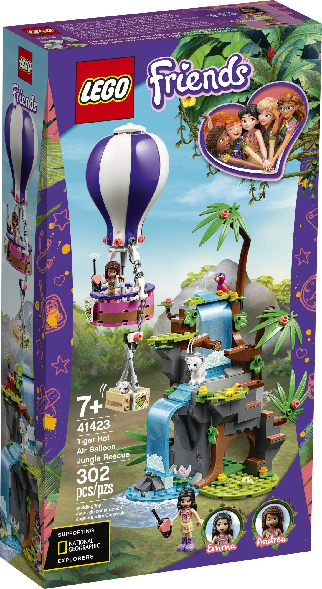 LEGO Friends Tiger Hot Air Balloon Jungle Rescue 41423 Building Set with 2 Mini-Dolls, Toy for Kids Ages 7+ (302 Pieces)