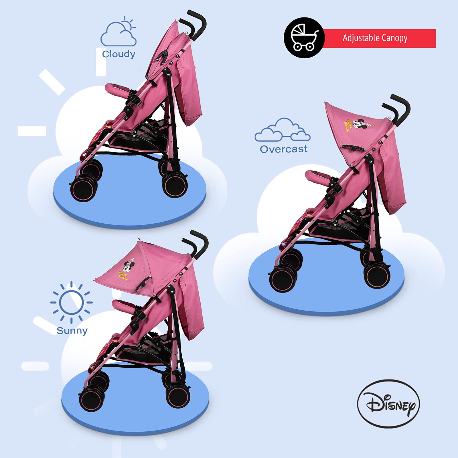 Disney Minnie Mouse Lightweight Adventure Stroller + Storage Cabin | 0-36 months, Compact Design, Shoulder Strap, Adjustable Reclining Seat and More.