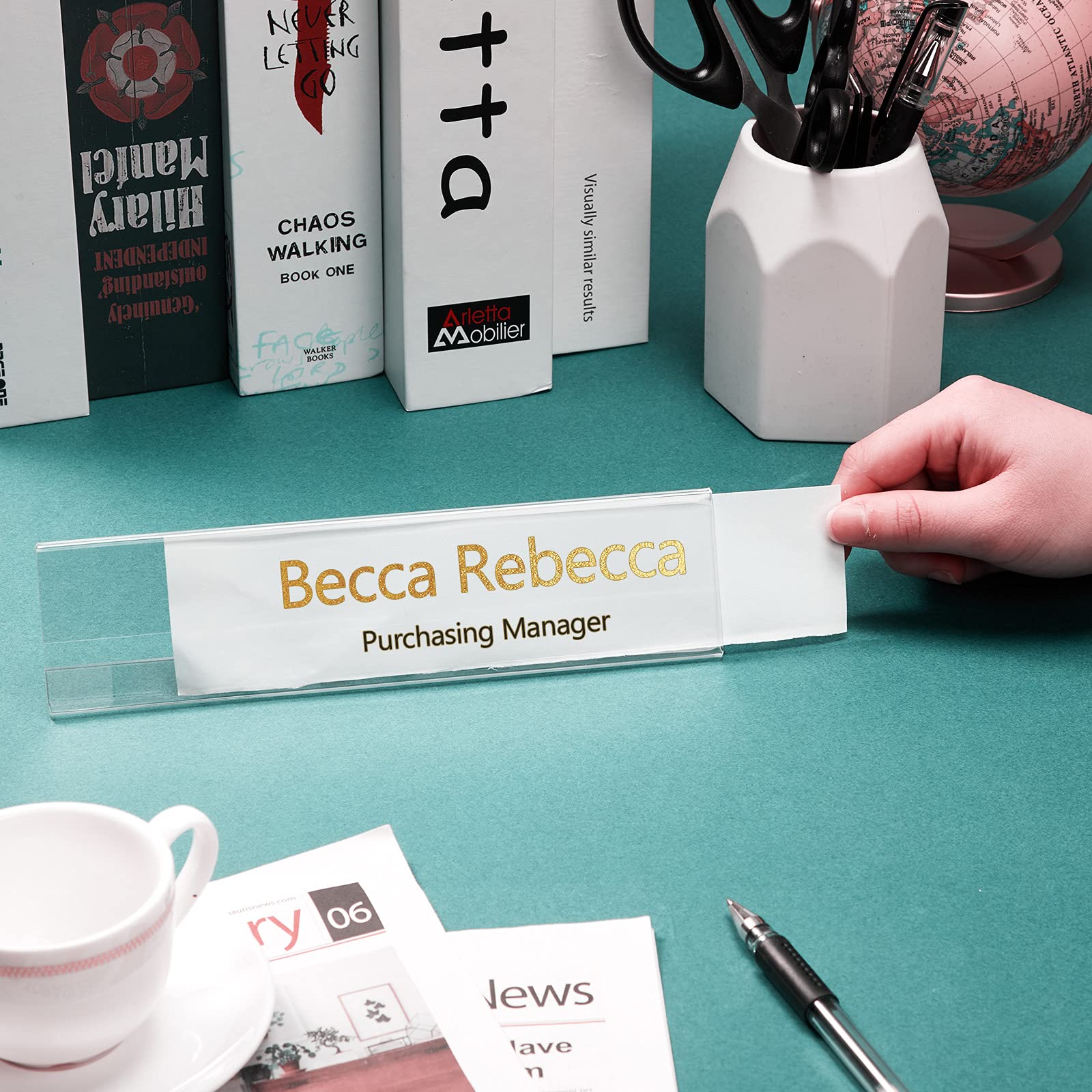 24 Pieces Acrylic Name Plates for Desks, 2 x 8 Inches Clear Slant Back Sign Holder Stand Table Display, License Label Tents Frame Office, Classroom