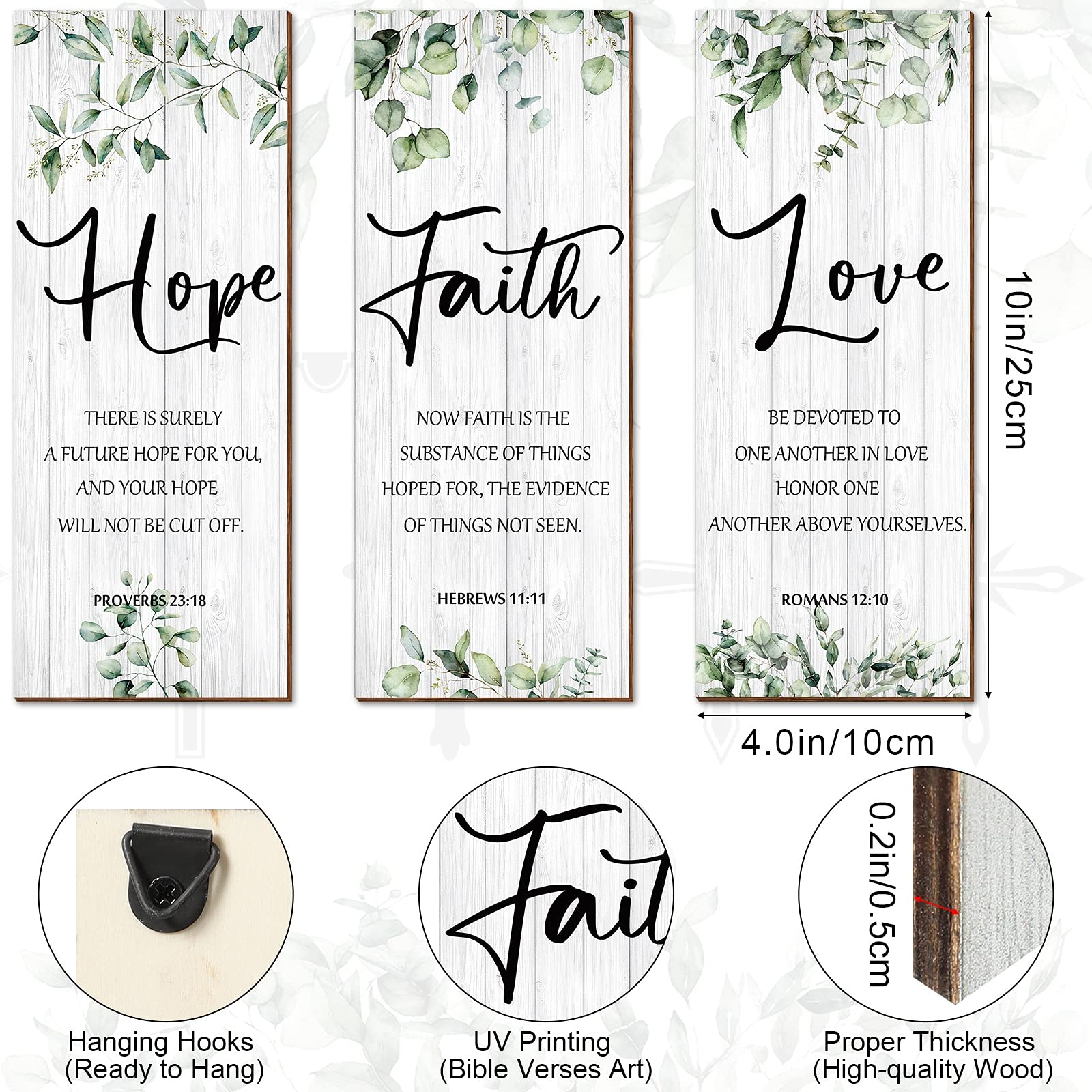 Blulu 3 Pieces Faith Hope Love Wall Decor Bible Verse Inspirational Wall Art Hanging Wall Plaque Rustic Wooden Green Leaves Wall Sign Scripture Quote for Home Bedroom Wall Decoration