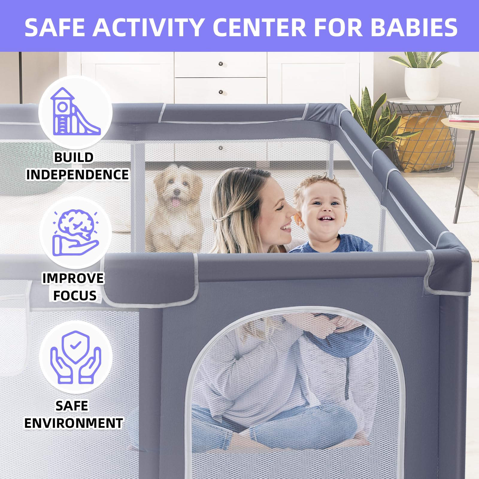Suposeu Baby Playpen, Playpen for Babies and Toddlers, Indoor & Outdoor Playard for Kids Activity Center, 50”×50” Large Baby Playard with Soft Breathable Mesh, Grey